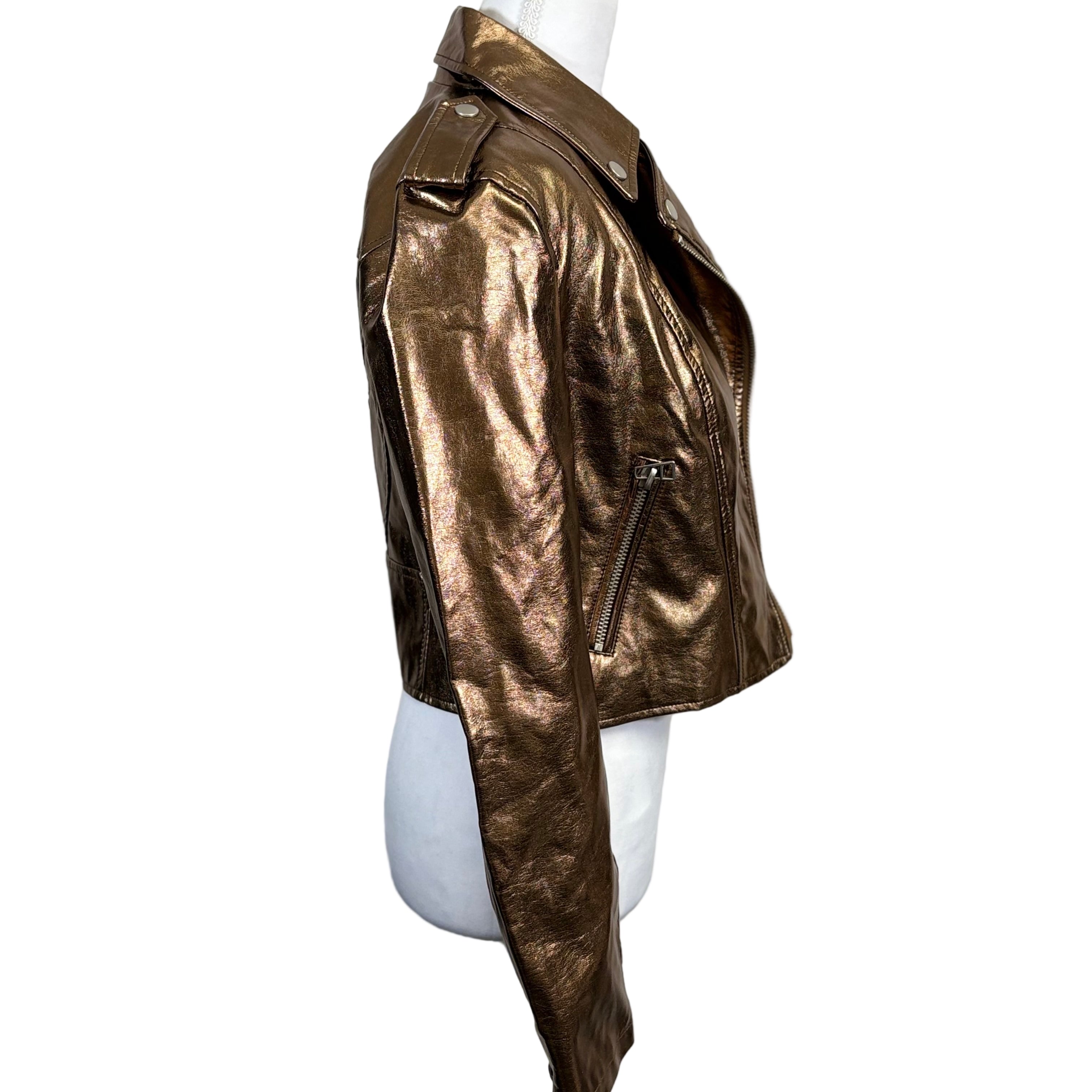 Avec Les Filles women's Faux leather crop top gold jacket, size extra small