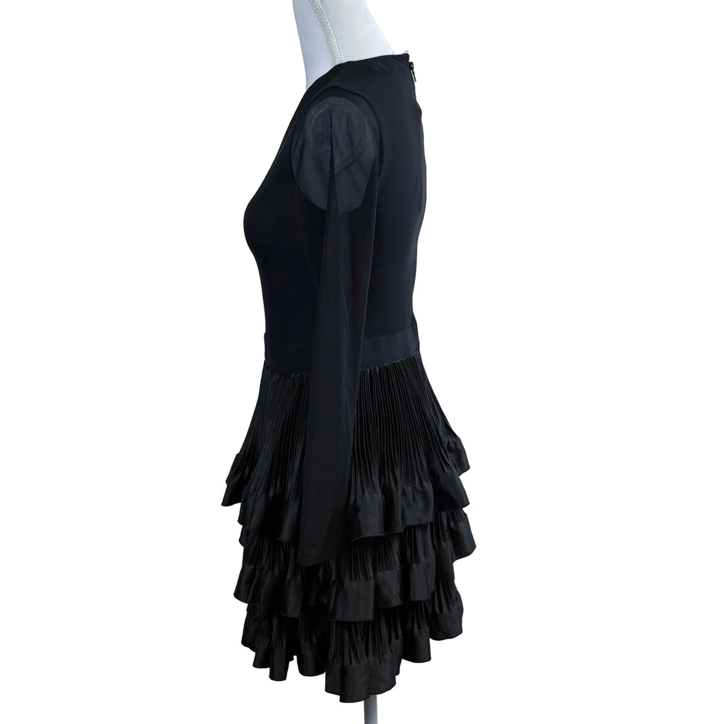 Alice + Olivia sheer mid length pleated ruffle dress with long sleeves, size 4