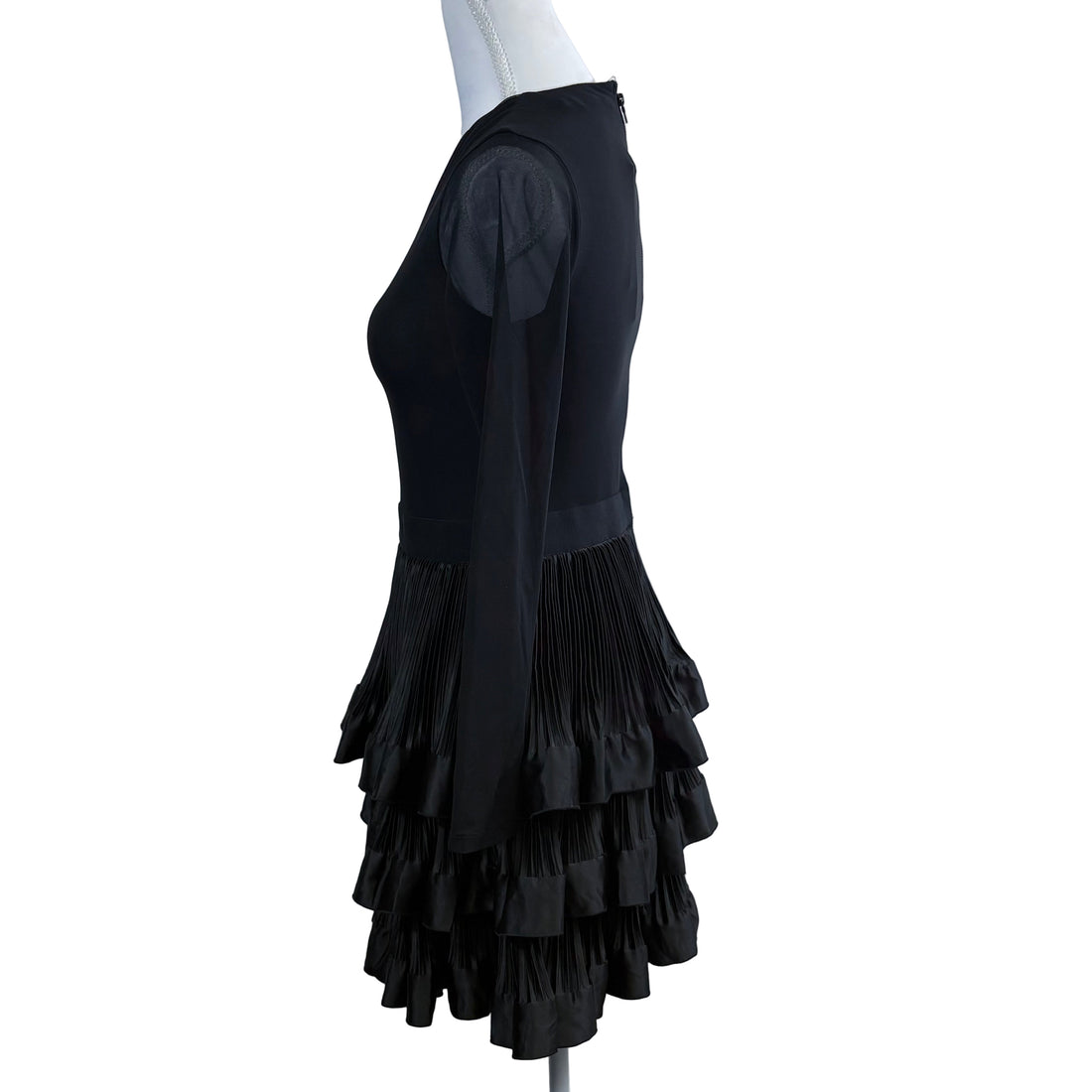 Alice + Olivia sheer mid length pleated ruffle dress with long sleeves, size 4