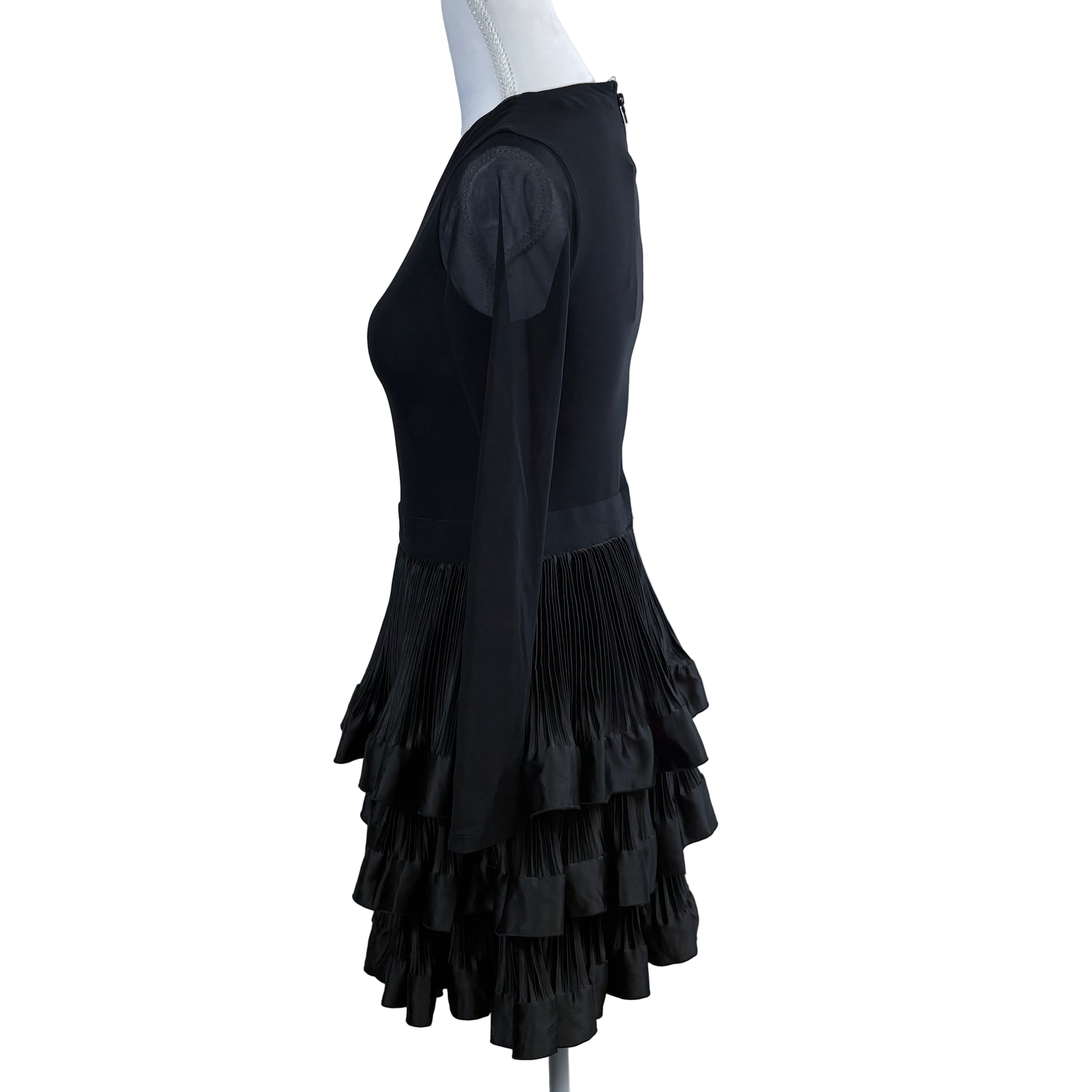 Alice + Olivia sheer mid length pleated ruffle dress with long sleeves, size 4