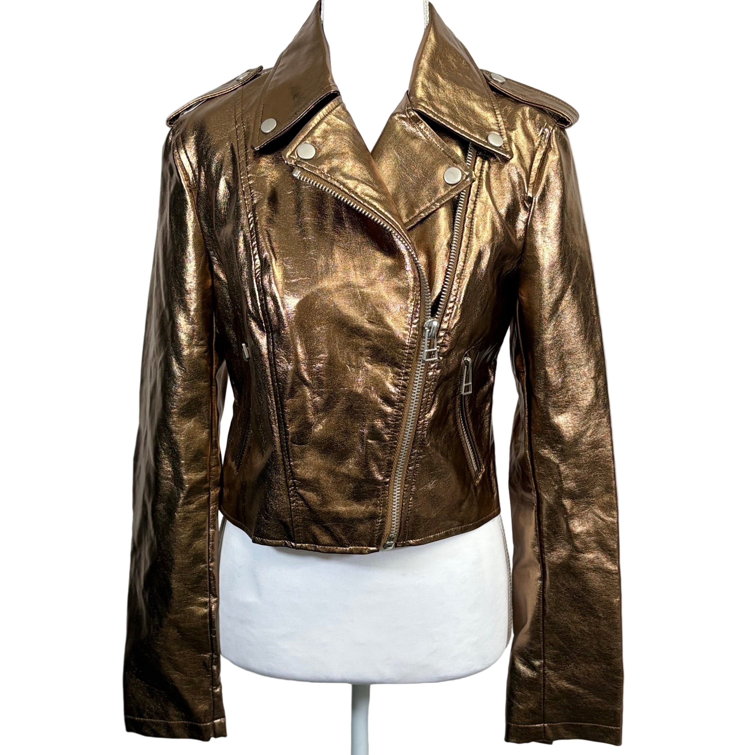 Avec Les Filles women's Faux leather crop top gold jacket, size extra small