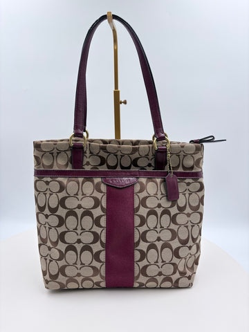 Coach Brown Monogram Handbag with Burgandy accents
