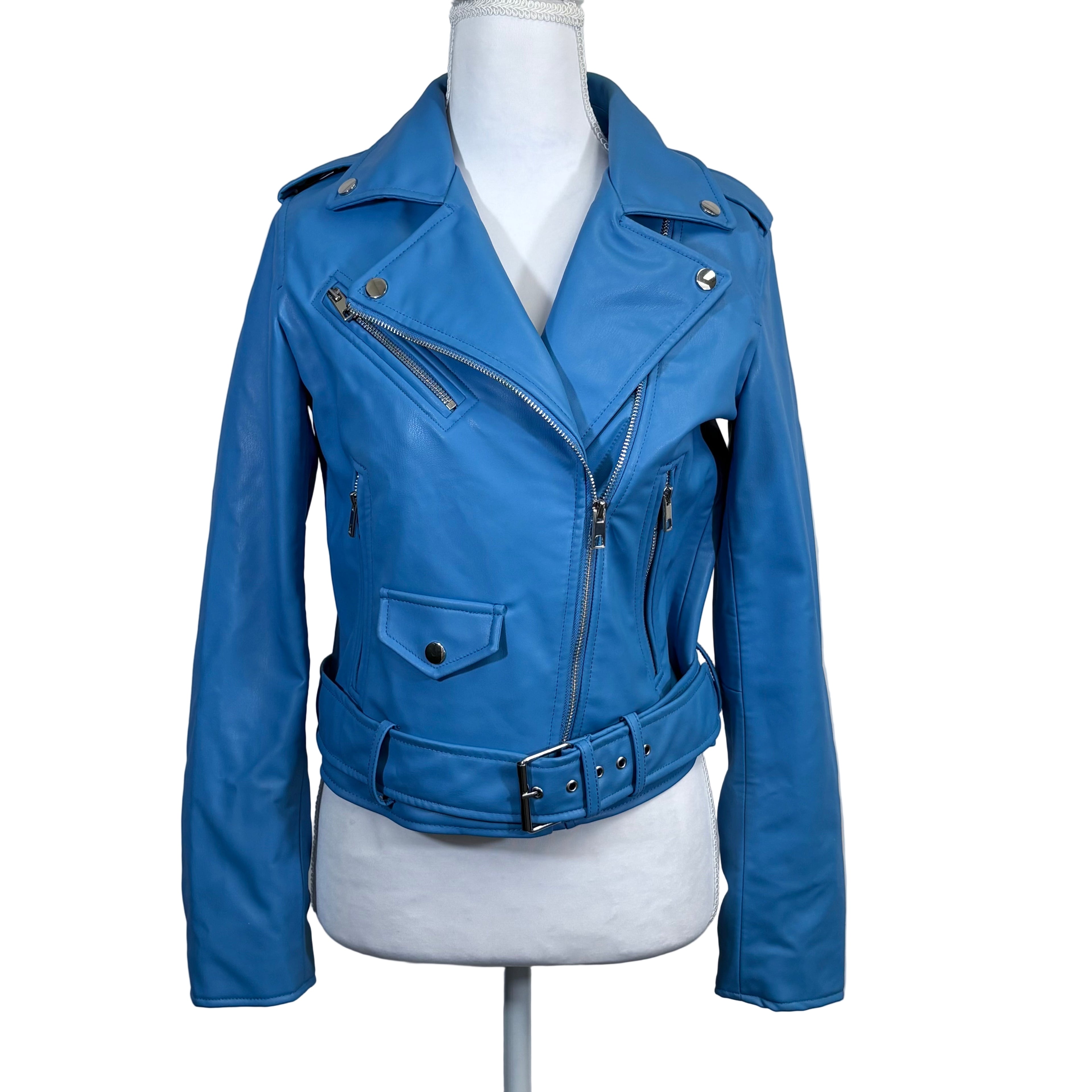 Zara Faux Leather women's biker style crop jacket with belt, size small