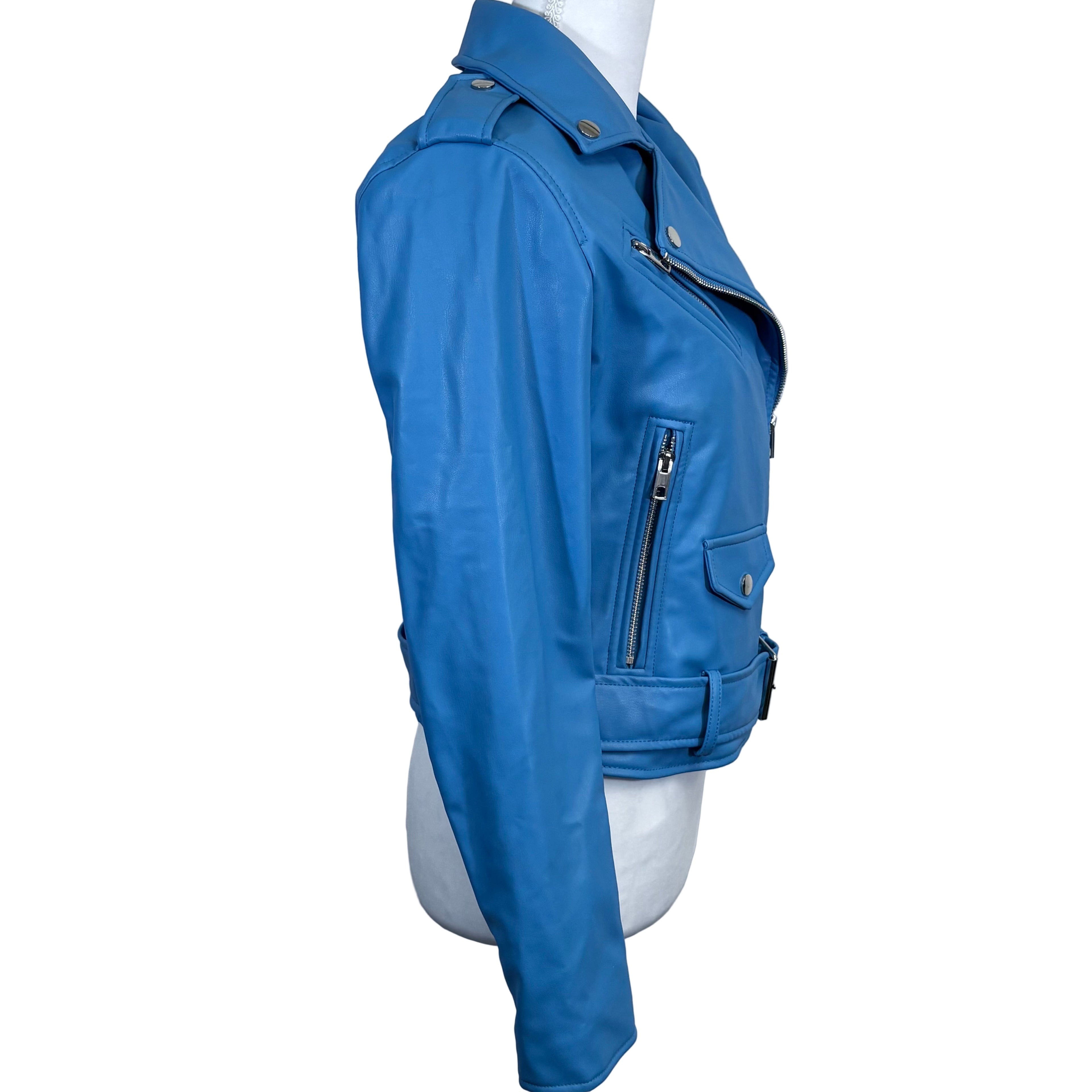 Zara Faux Leather women's biker style crop jacket with belt, size small