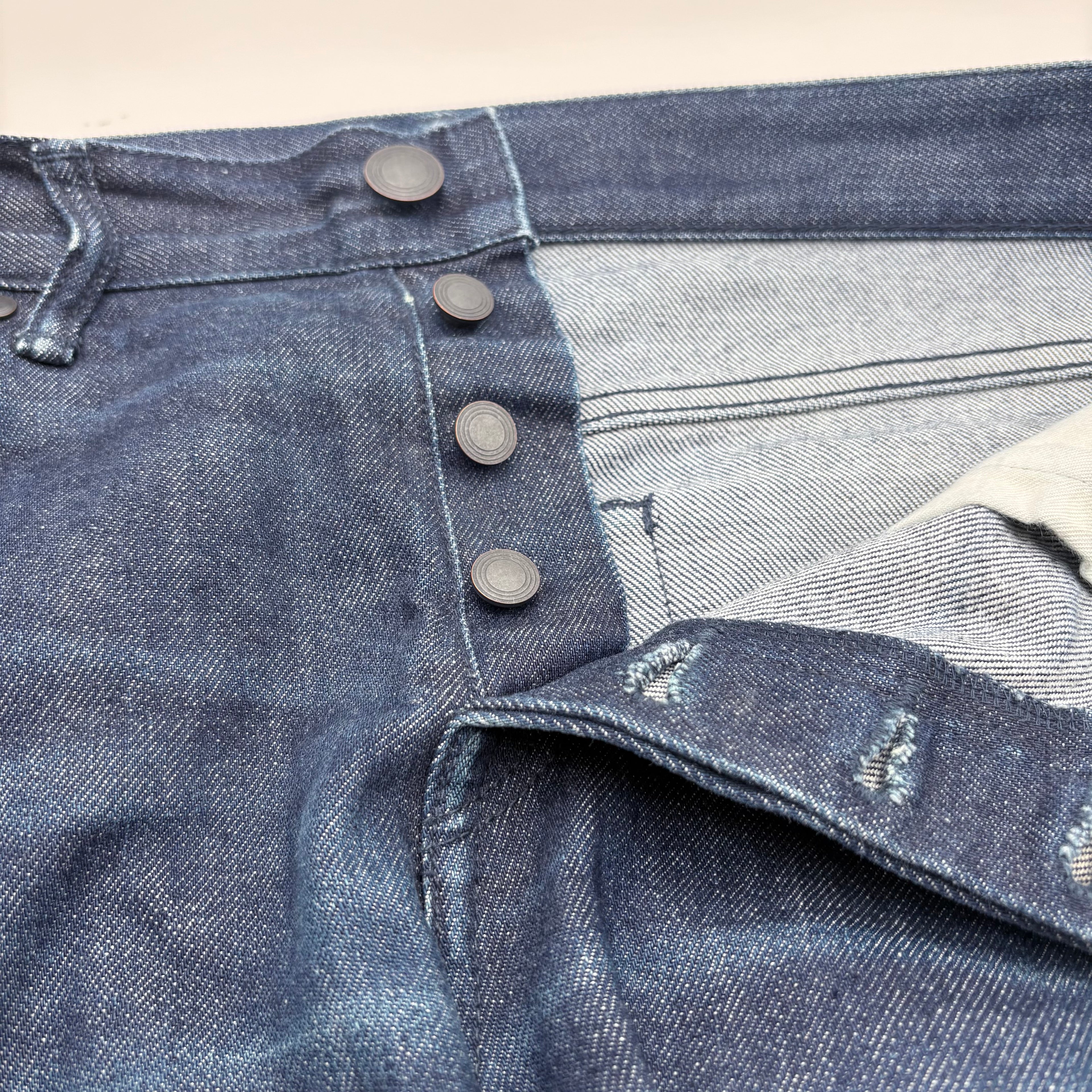 John Elliott Men's button fly straight leg jeans, waist 33"