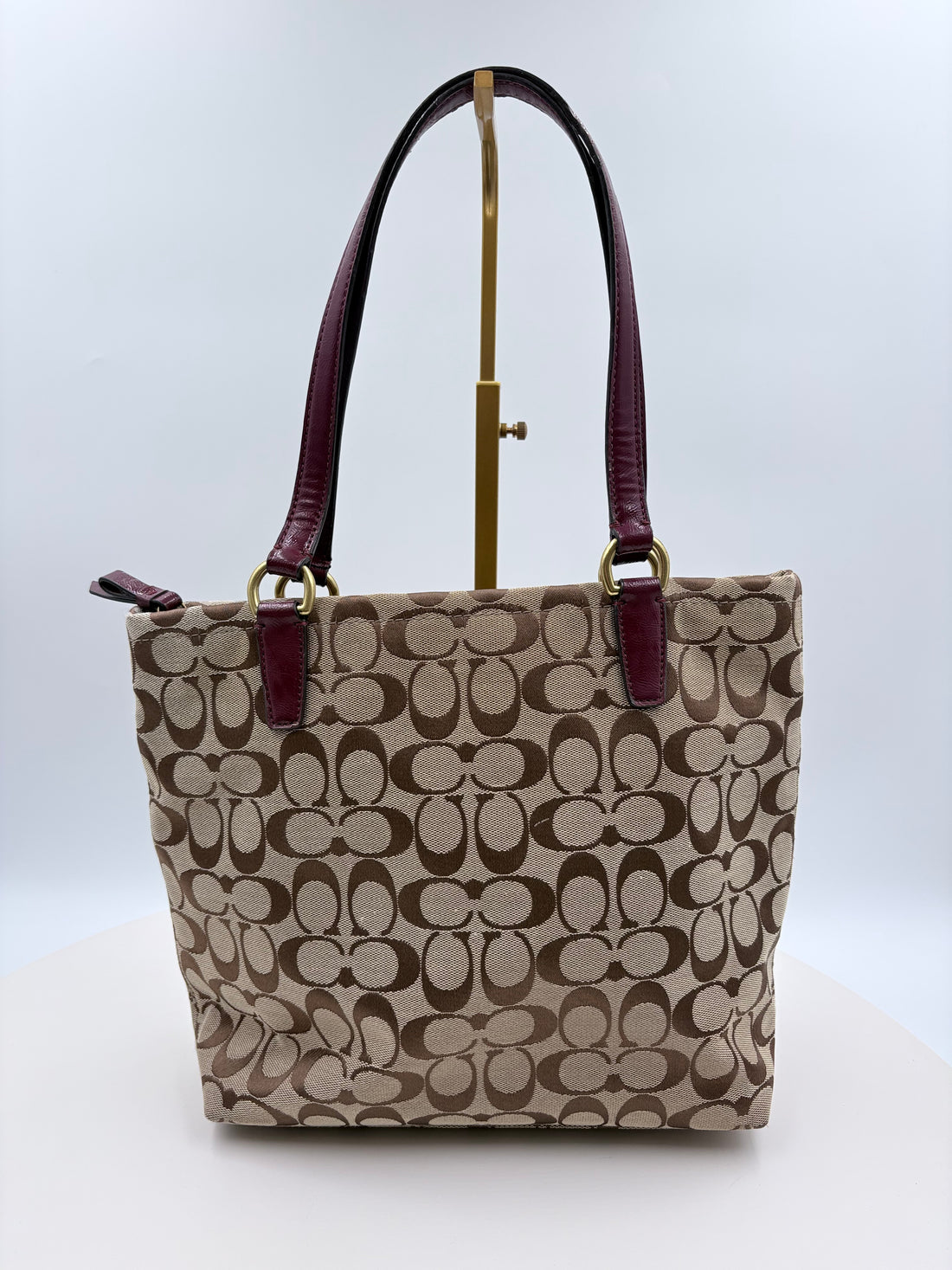 Coach Brown Monogram Handbag with Burgandy accents