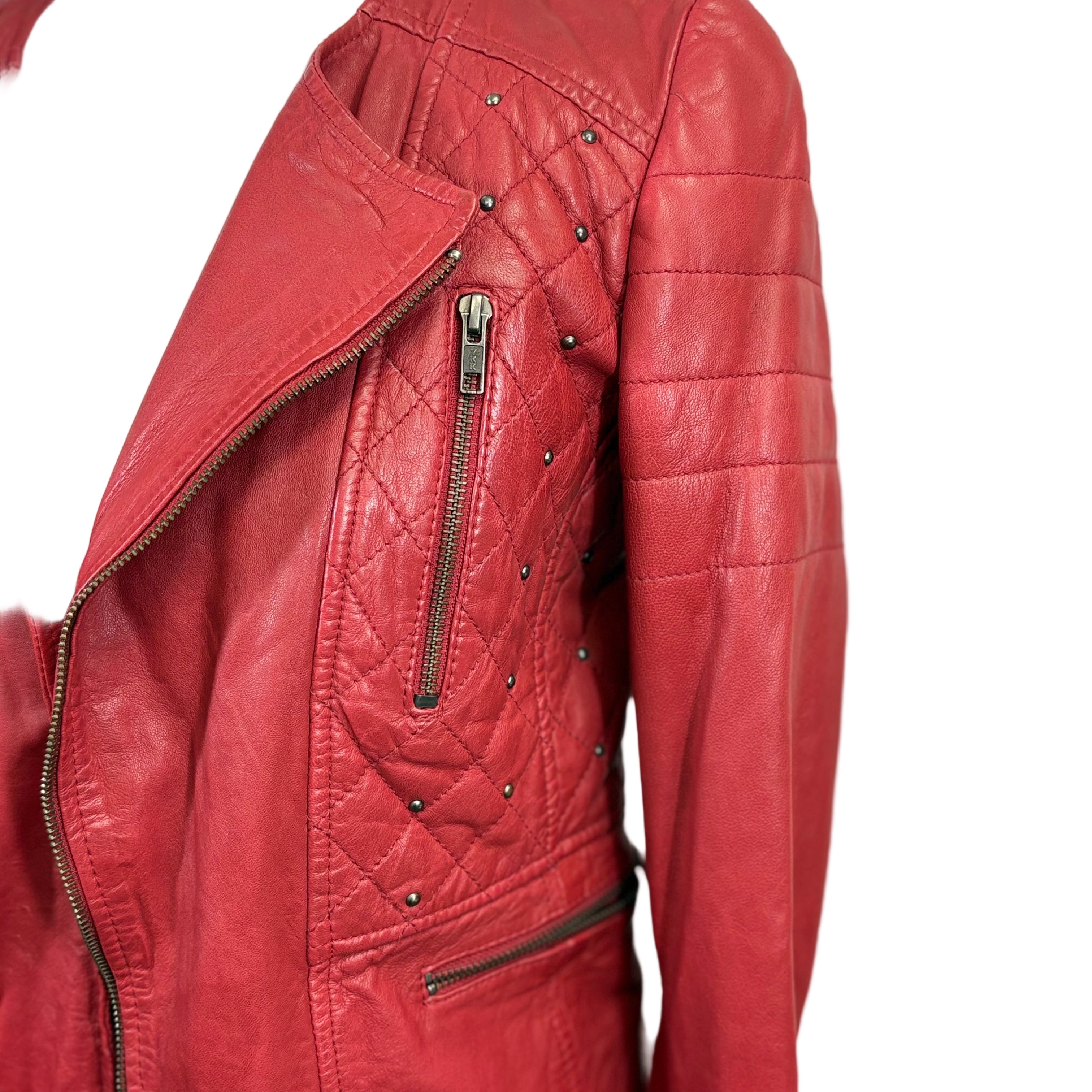 Zara Sheep skin leather red jacket with studs, size small