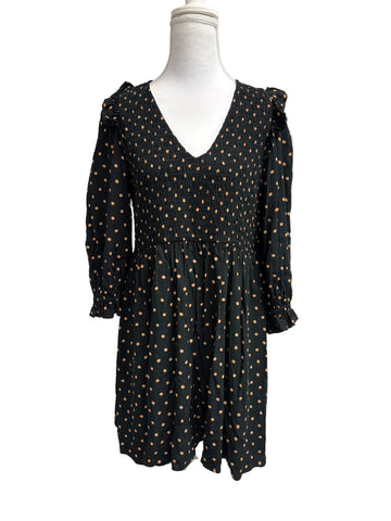 Madewell black dress with rust colored Polk-a-dots