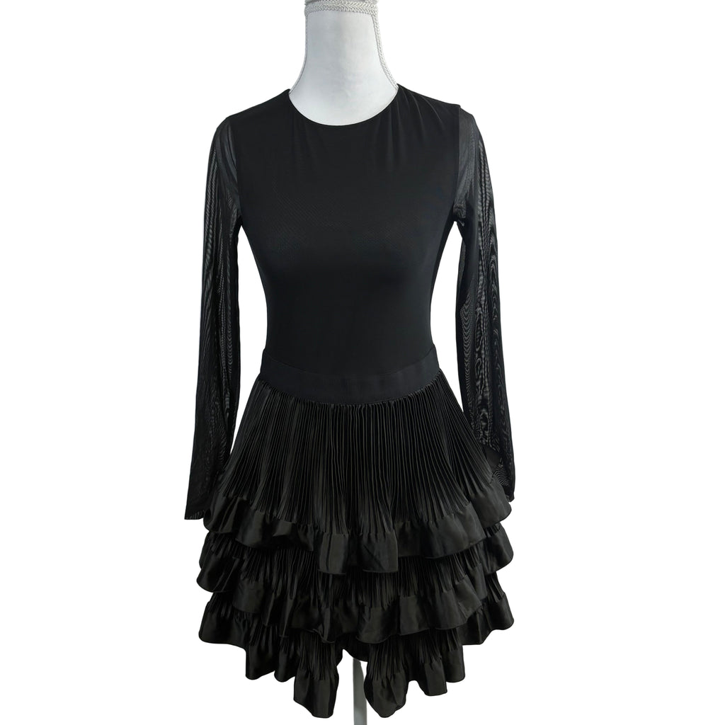 Alice + Olivia sheer mid length pleated ruffle dress with long sleeves, size 4