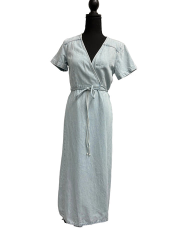 Zara Dress Pale Blue Denim Wrap Maxi Dress with Short Sleeves