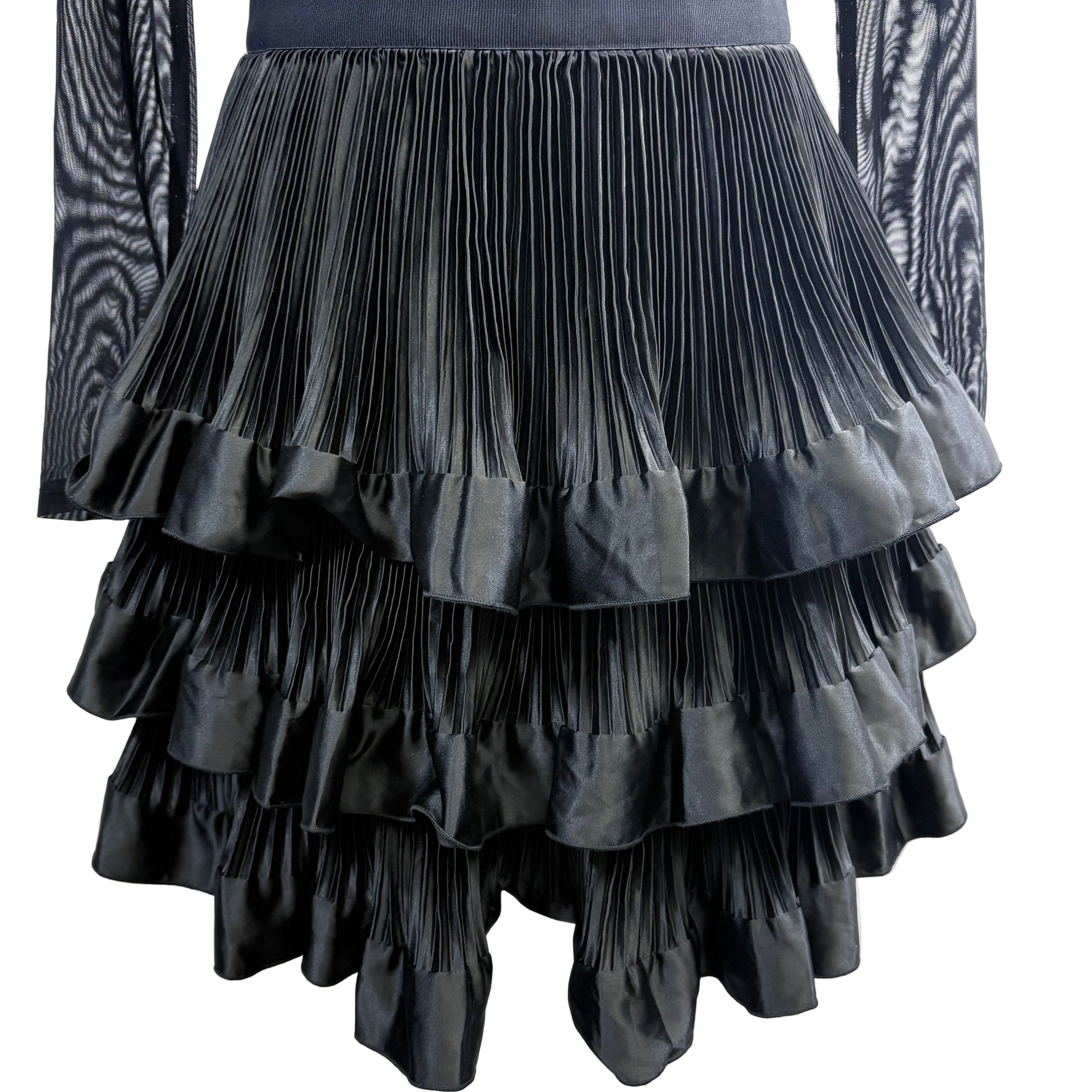 Alice + Olivia sheer mid length pleated ruffle dress with long sleeves, size 4