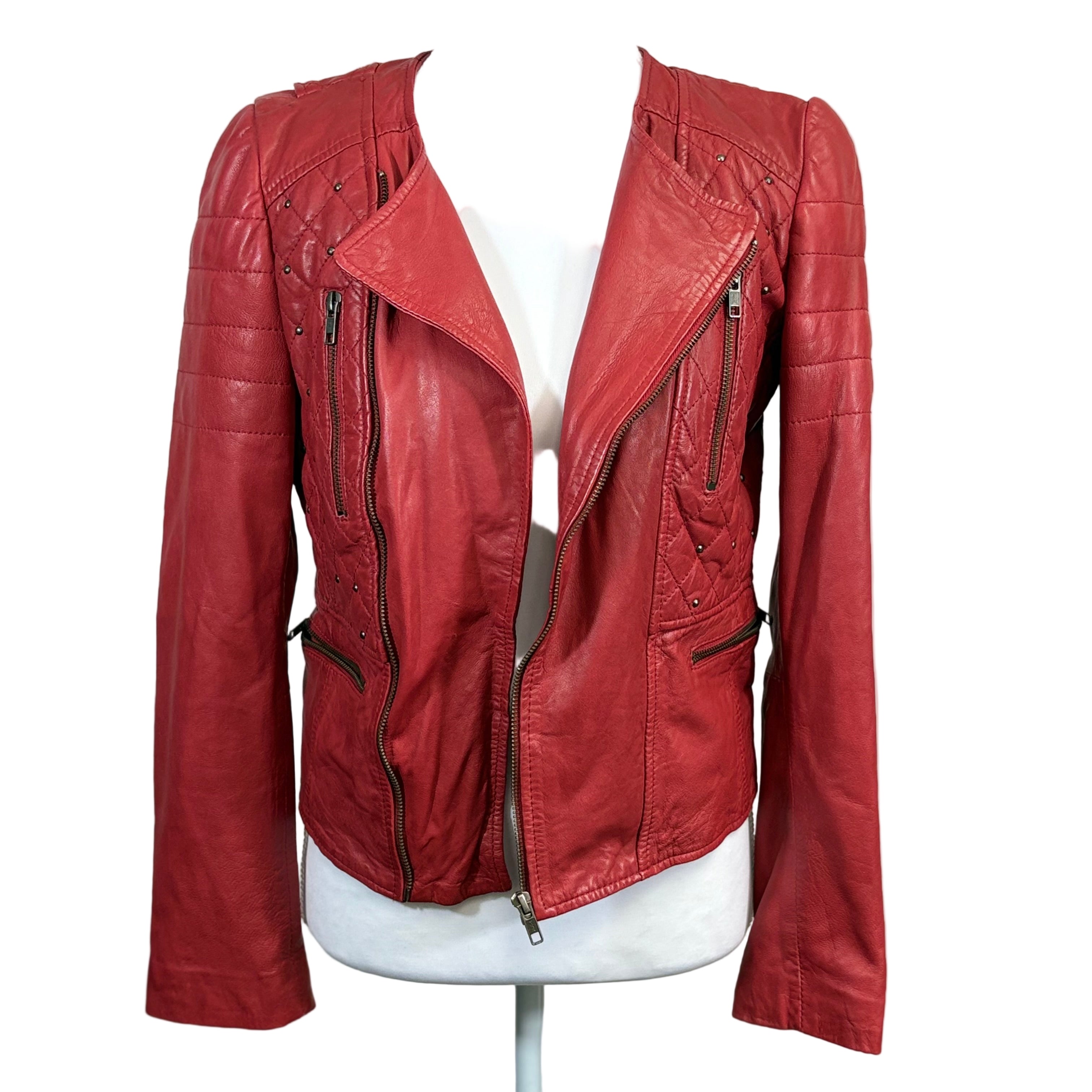 Zara Sheep skin leather red jacket with studs, size small