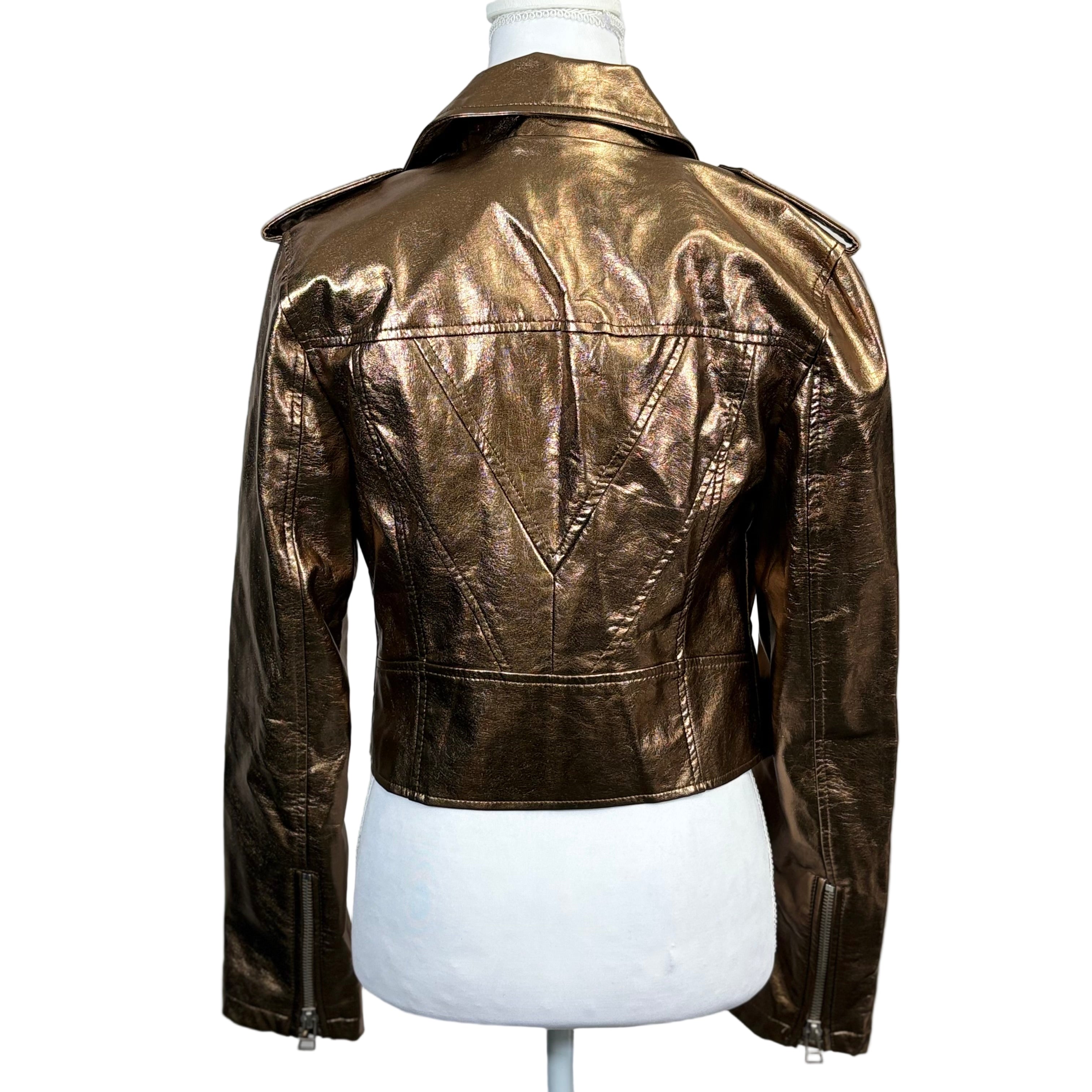Avec Les Filles women's Faux leather crop top gold jacket, size extra small