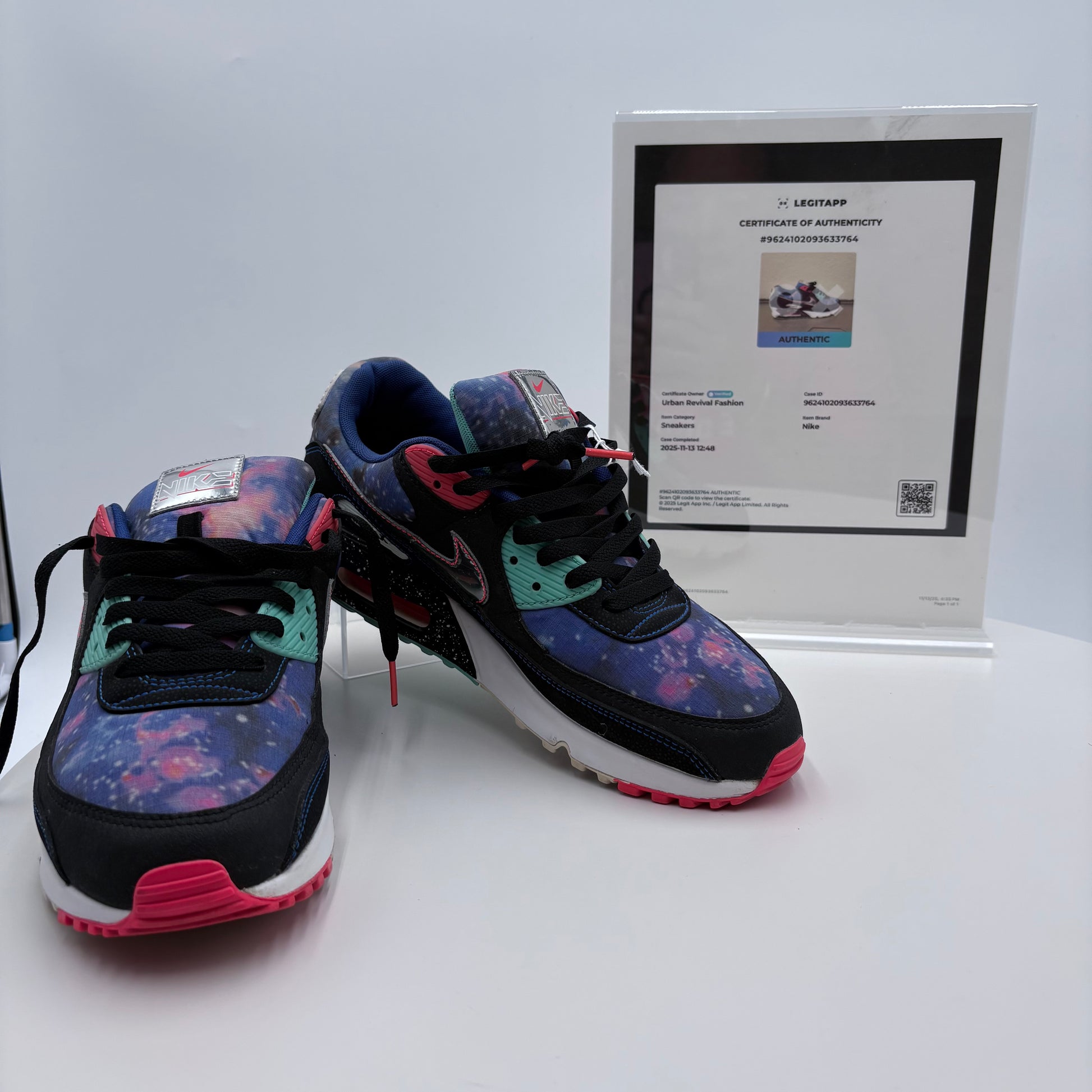 Colorful sneakers with a certificate of authenticity on a white background