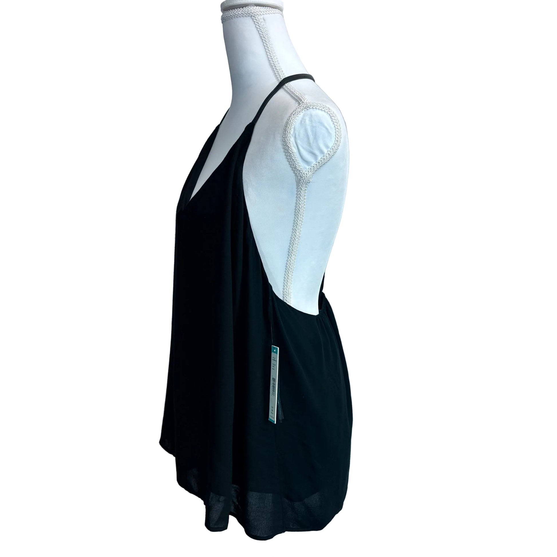 Black sleeveless top on a mannequin against a white background
