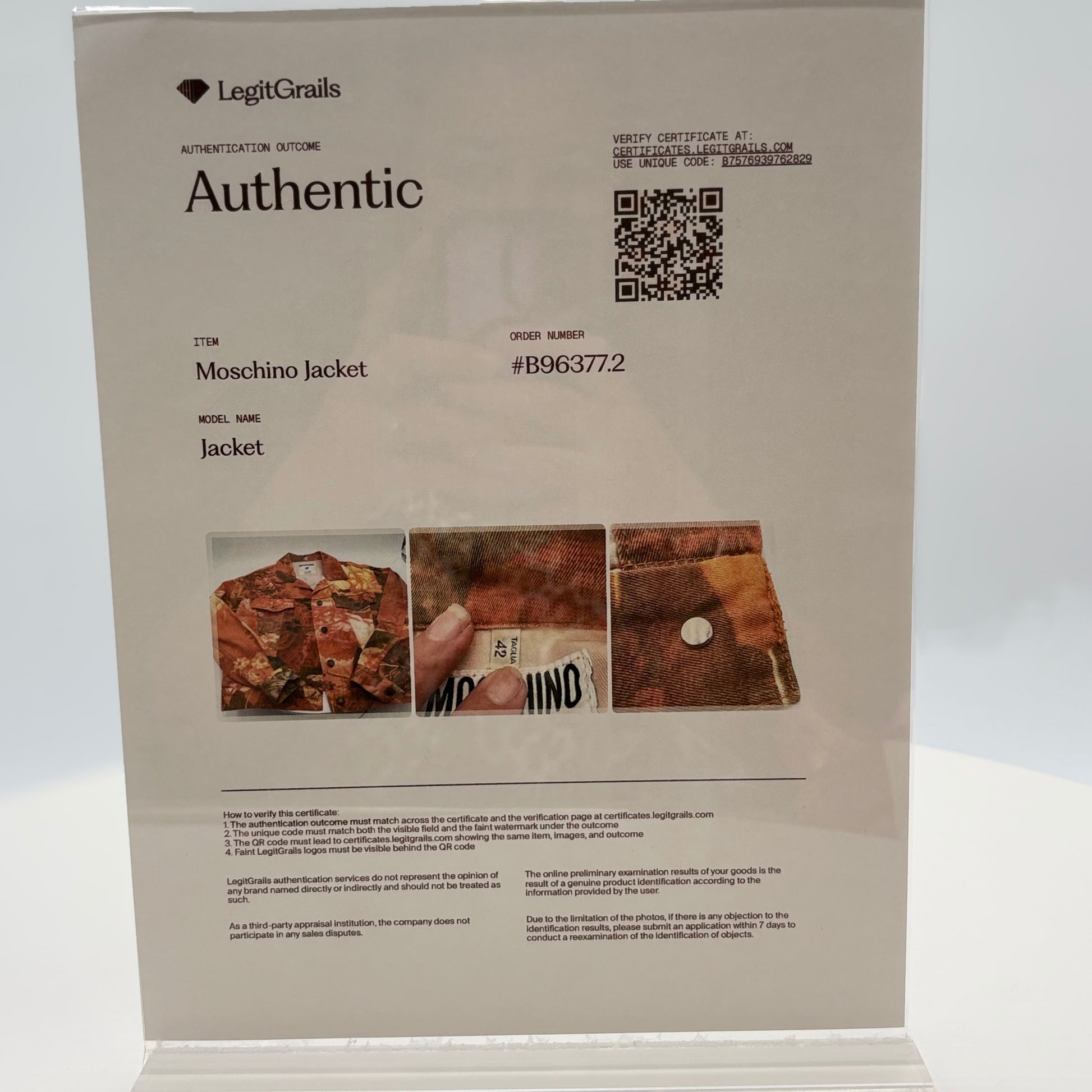 Authenticity card for Moschino jacket with brand logo and QR code on a white background