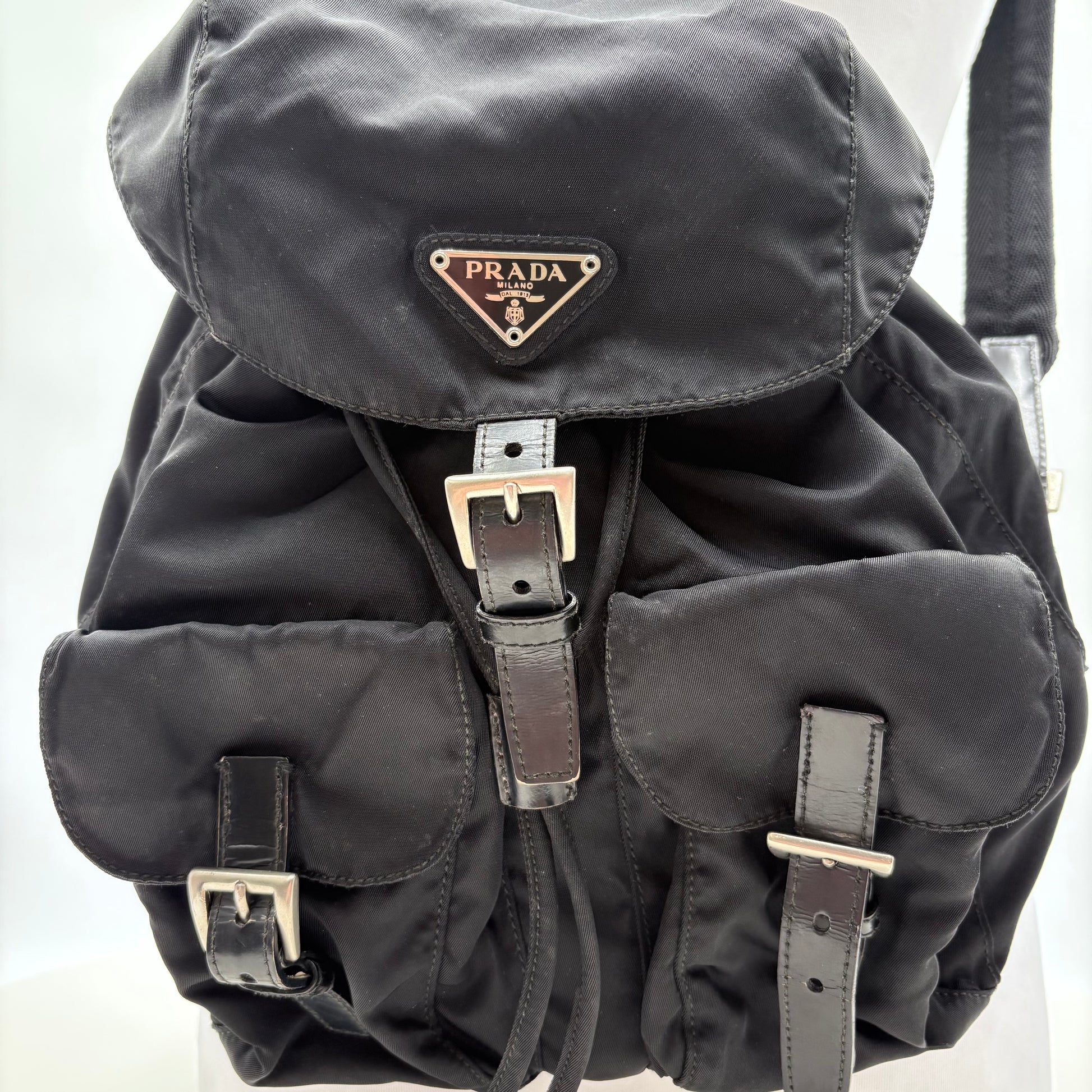 Black Prada backpack with accents on a white background