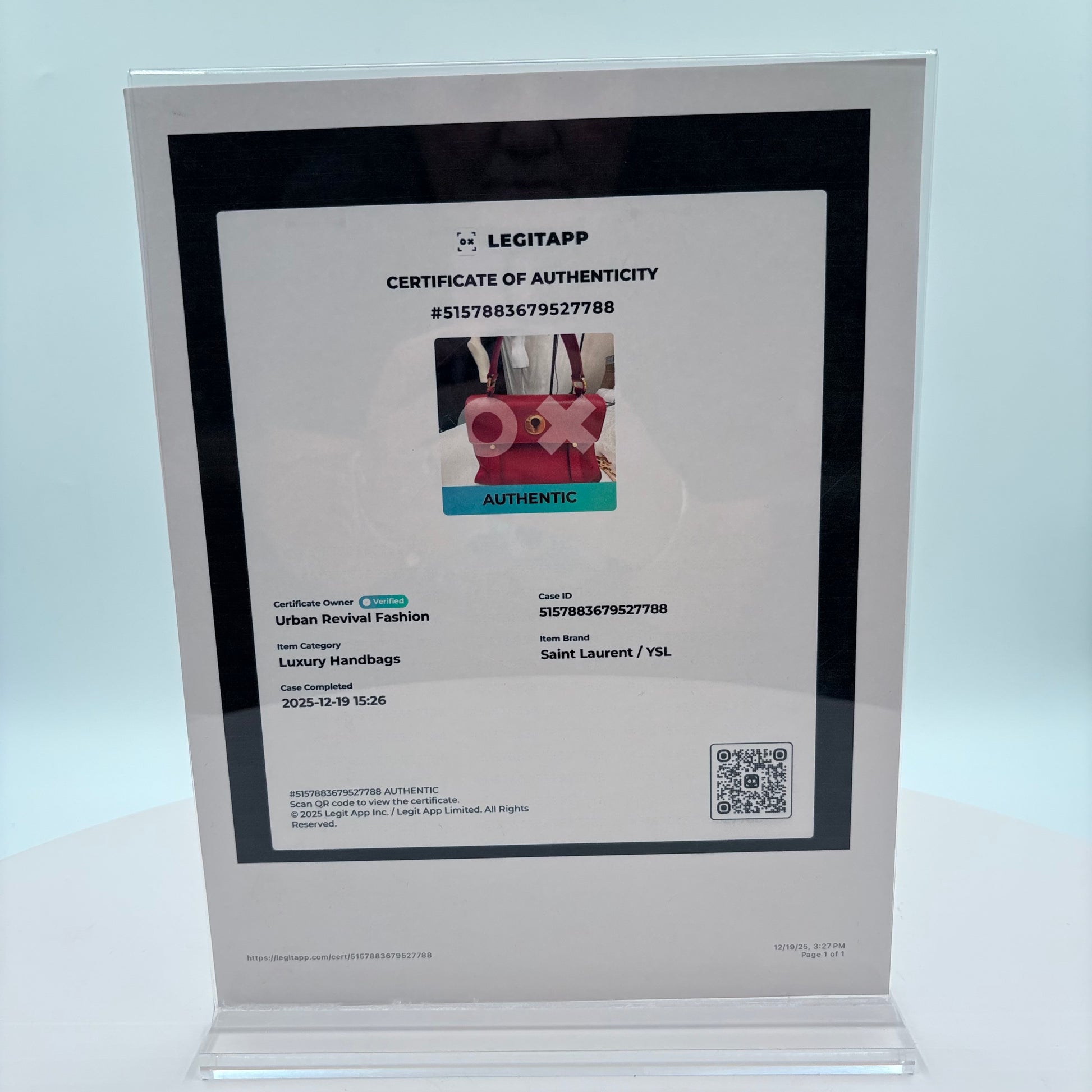 LegitAPP certificate of authenticity for a luxury handbag displayed in an acrylic frame.
