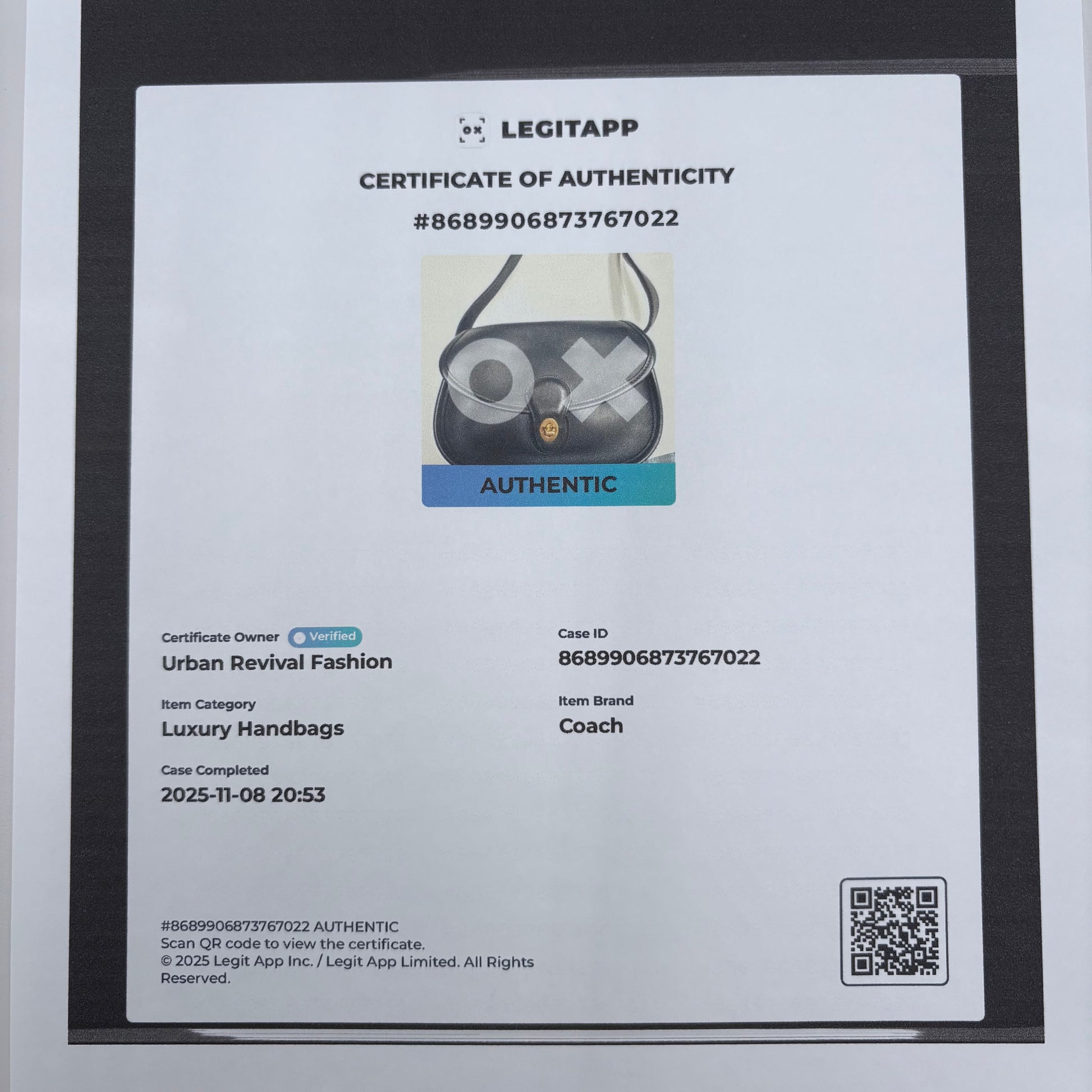 LegitAPP certificate of authenticity for a Coach handbag with QR code on a white background.