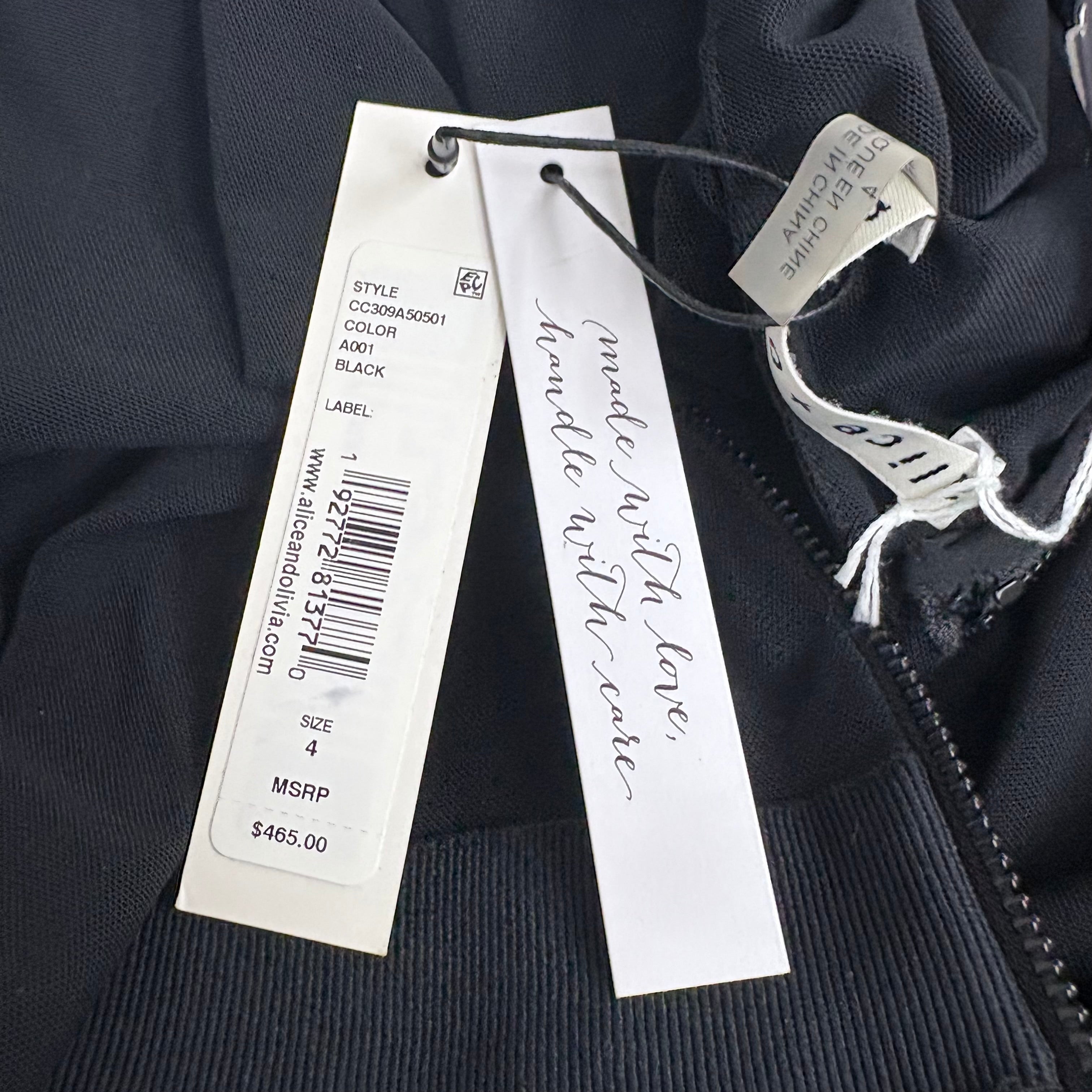 Alice + Olivia sheer mid length pleated ruffle dress with long sleeves, size 4