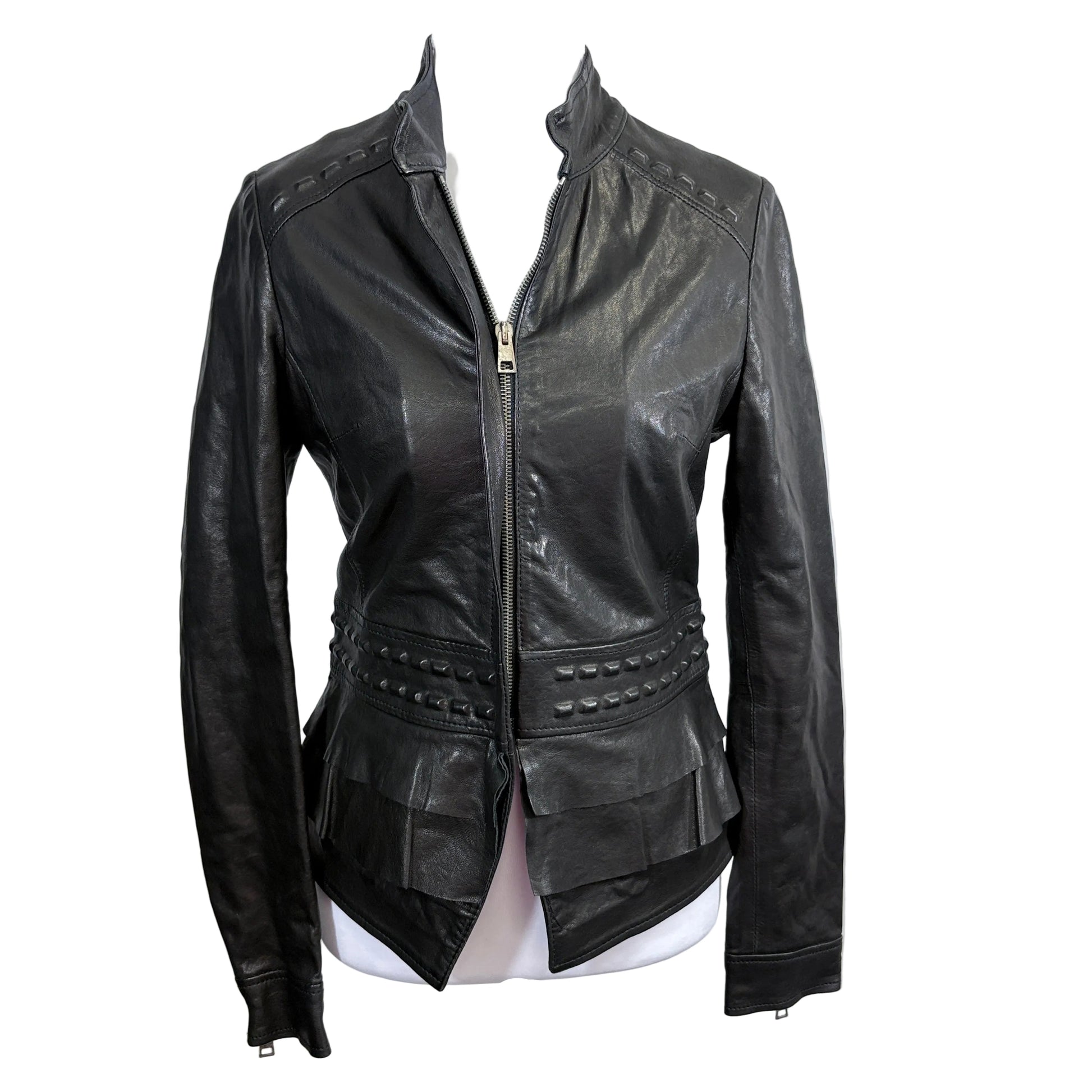 Black leather jacket on a mannequin against a white background