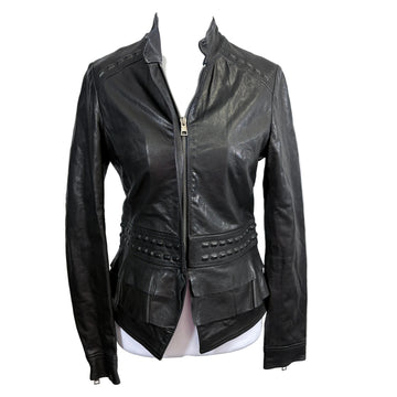 Black leather jacket on a mannequin against a white background