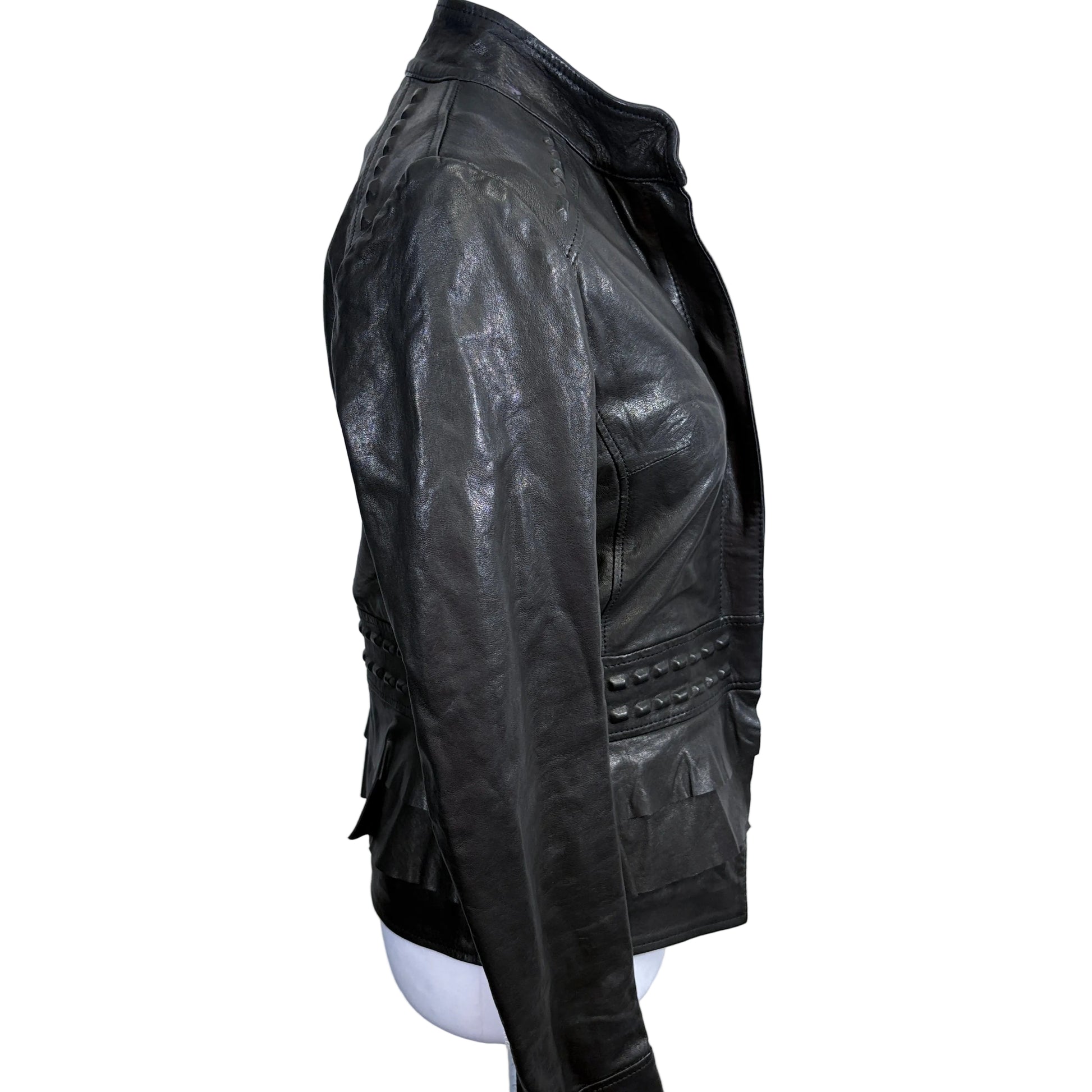 Black leather jacket on a mannequin against a white background - right side