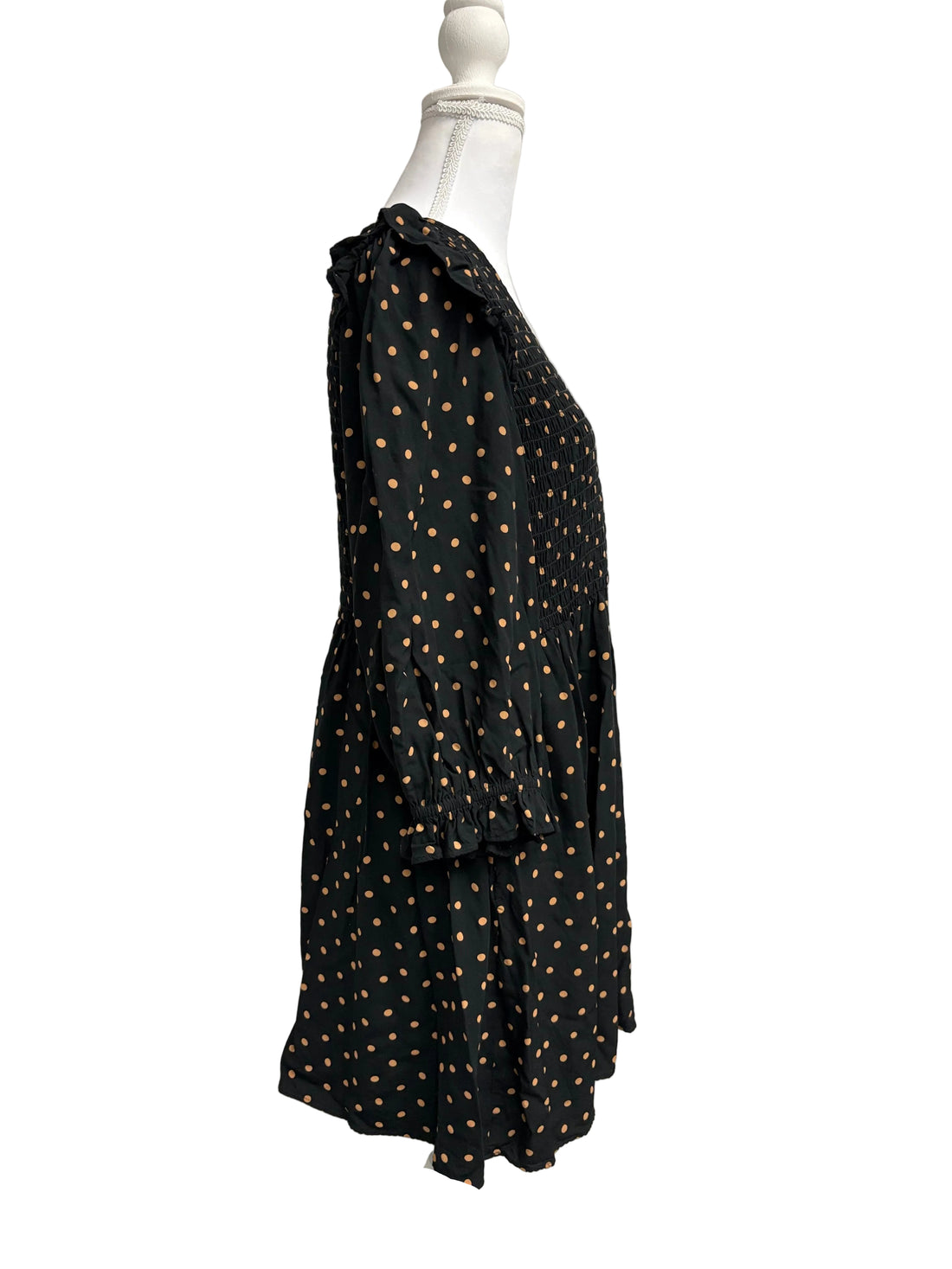 Madewell black dress with rust colored Polk-a-dots