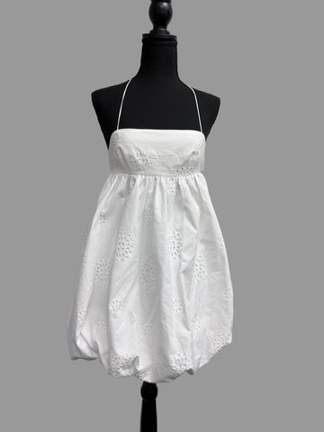Zara White Halter Bubble Hem Eyelet Lace Mini Dress