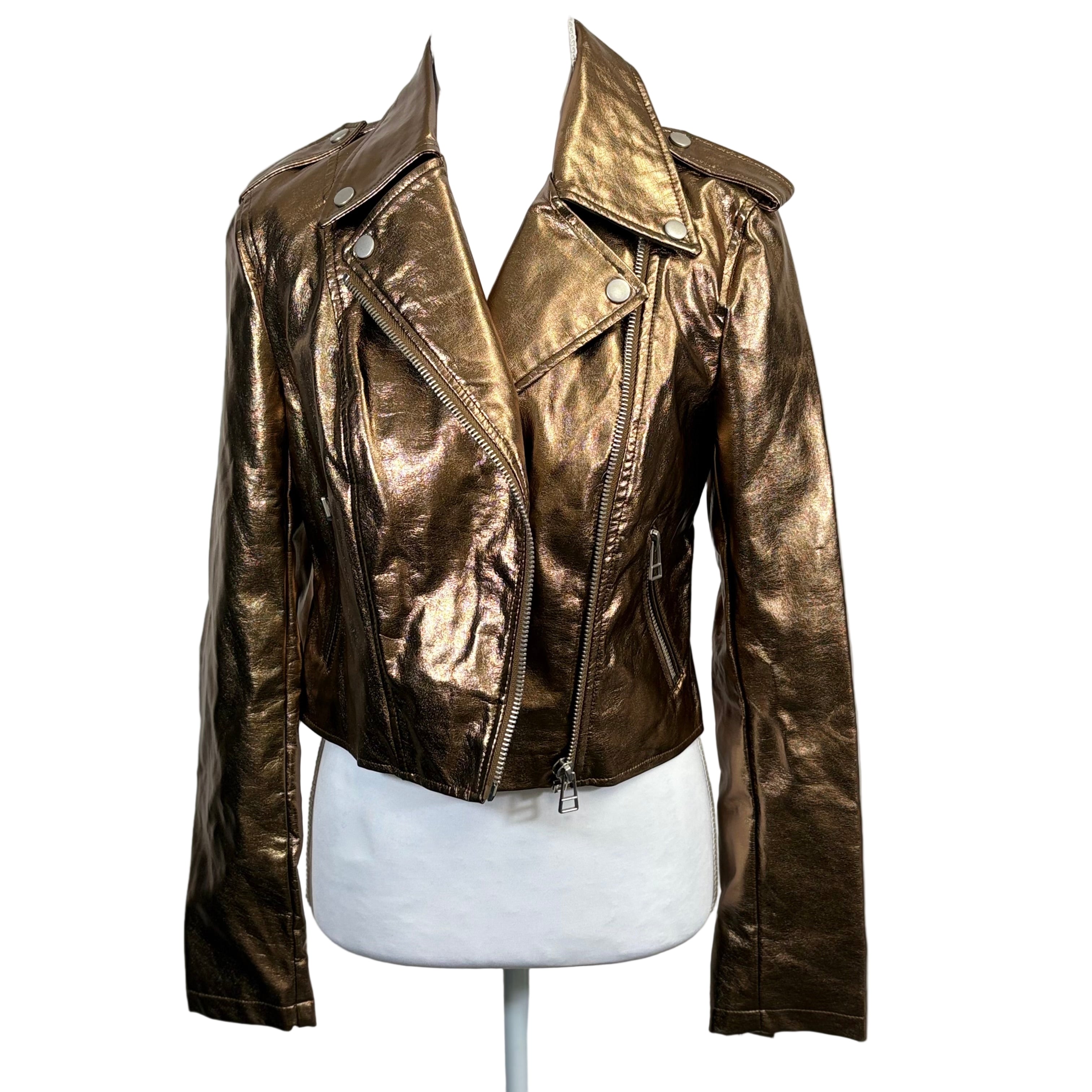 Avec Les Filles women's Faux leather crop top gold jacket, size extra small
