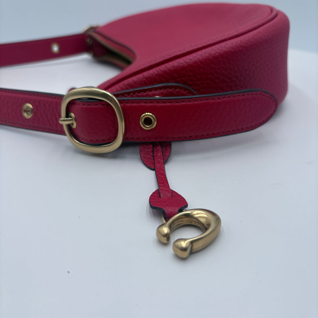 Red leather bag with gold buckle and clasp on a white background