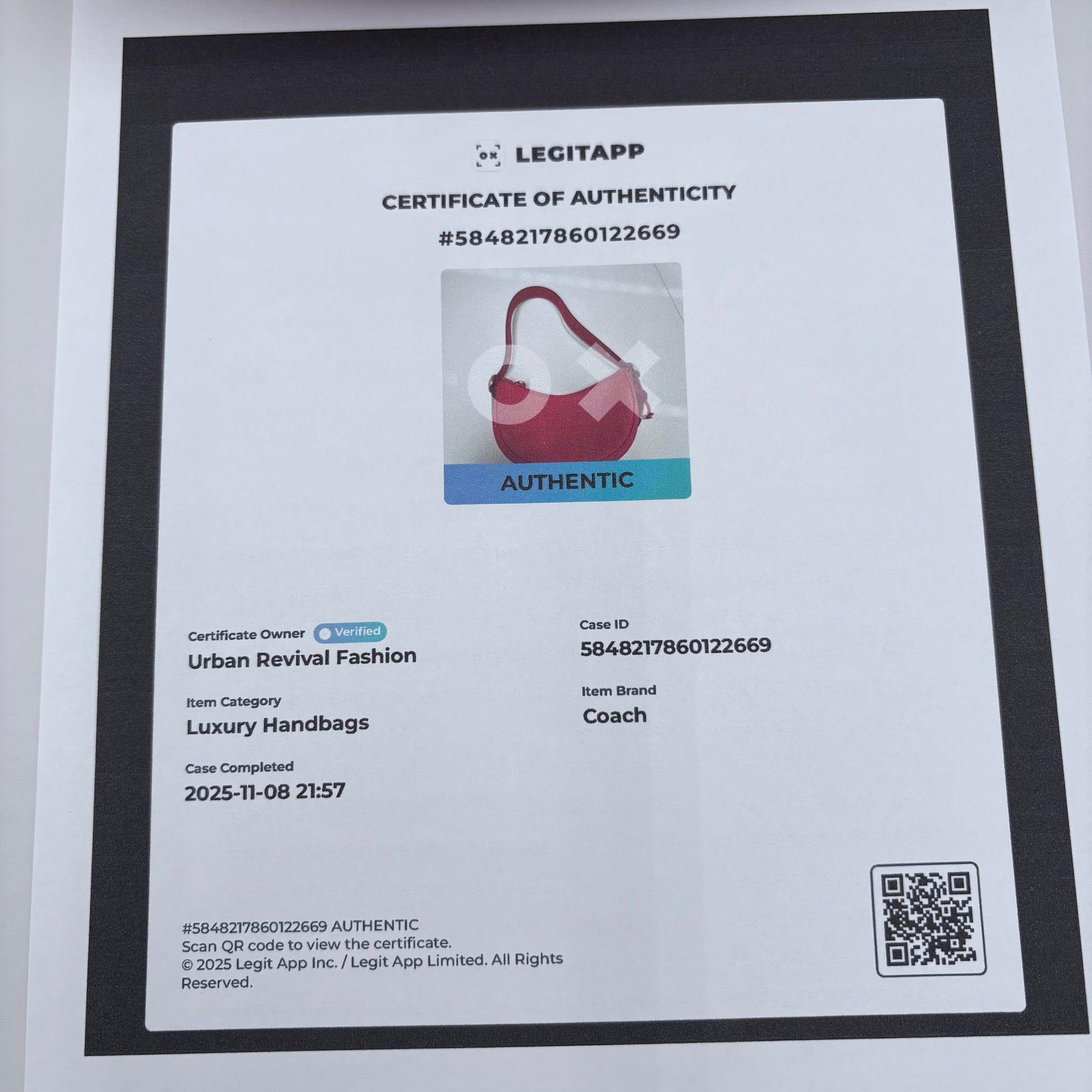 LegitApp certificate of authenticity for a Coach handbag with a QR code on a white background.