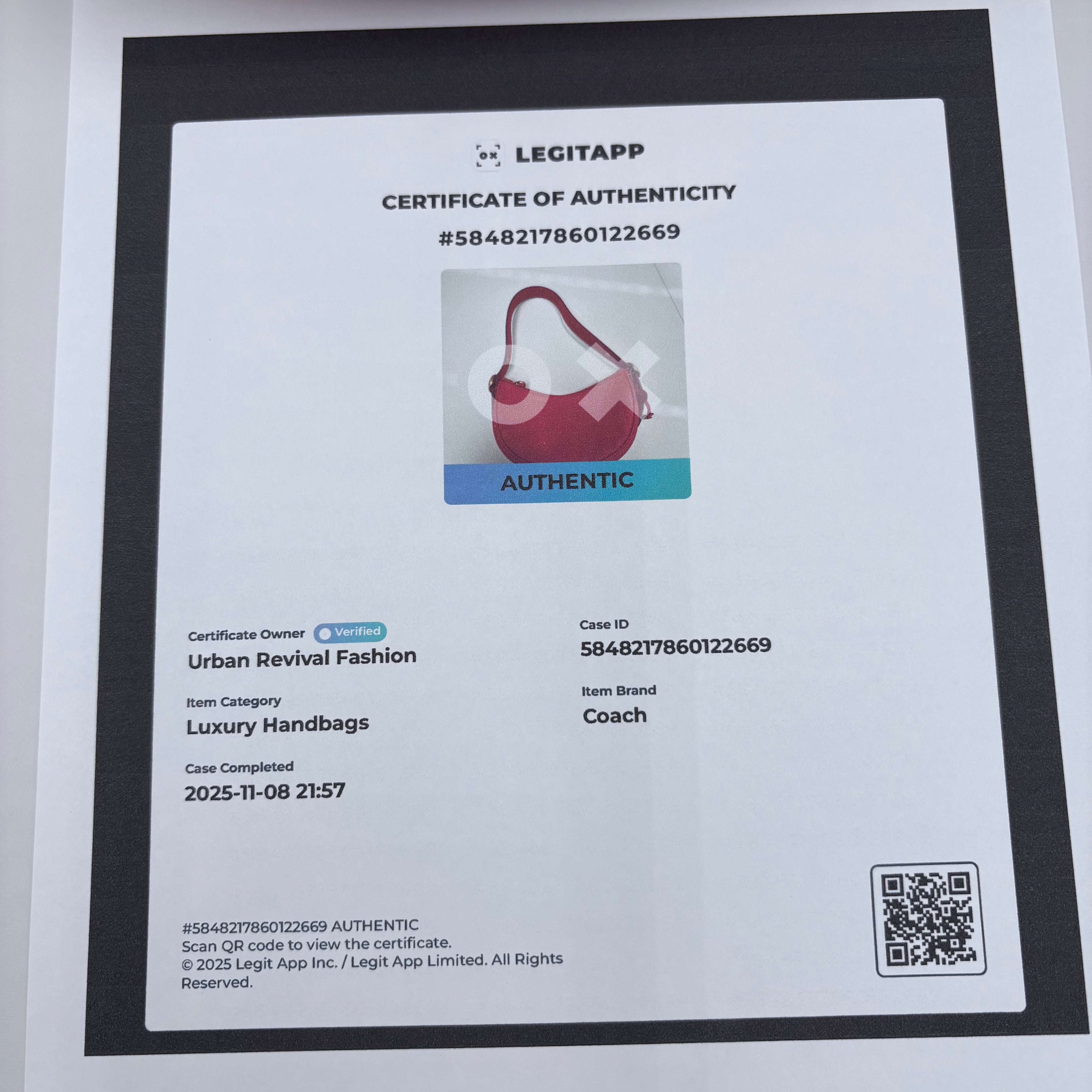 LegitApp certificate of authenticity for a Coach handbag with a QR code on a white background.