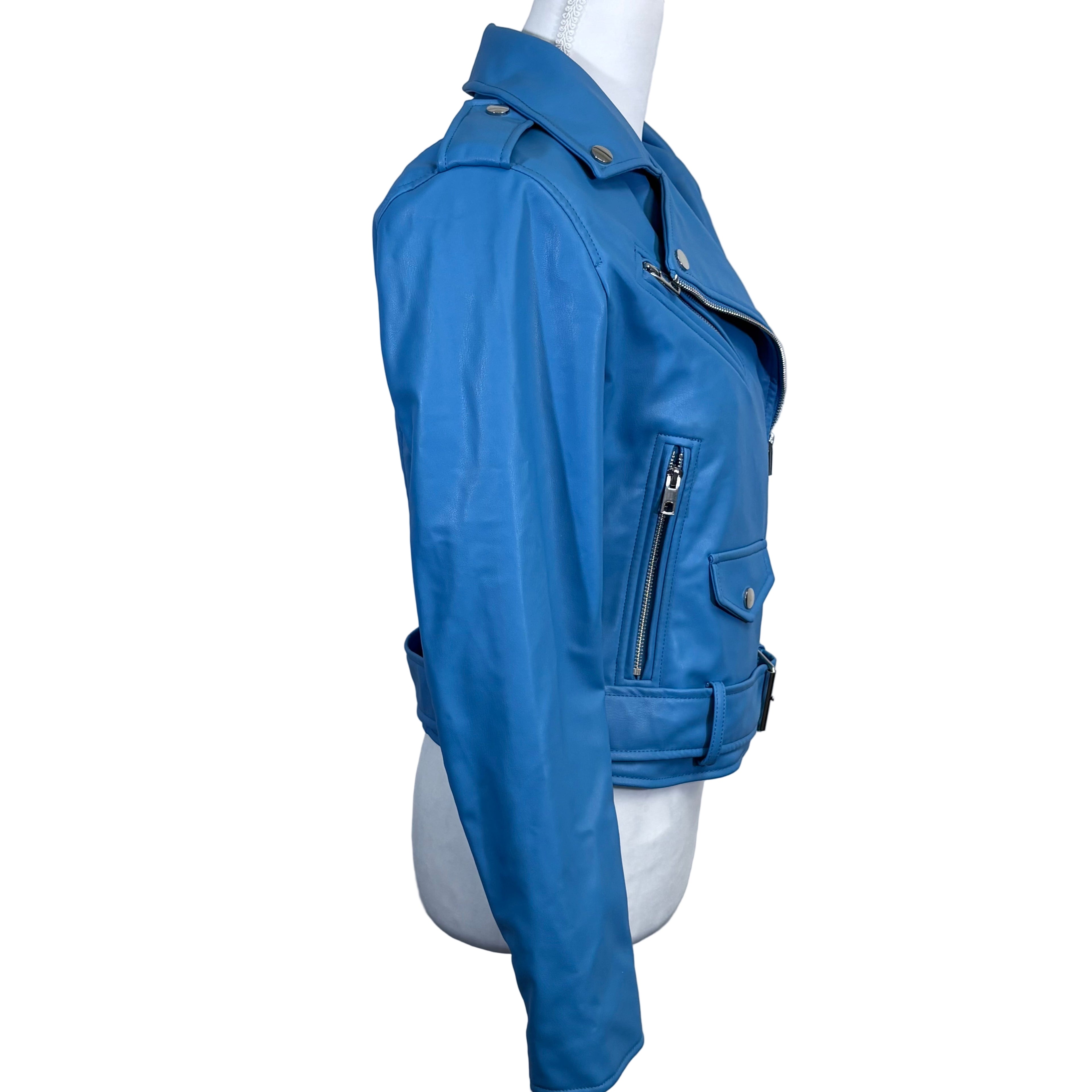 Zara Faux Leather women's biker style crop jacket with belt, size small