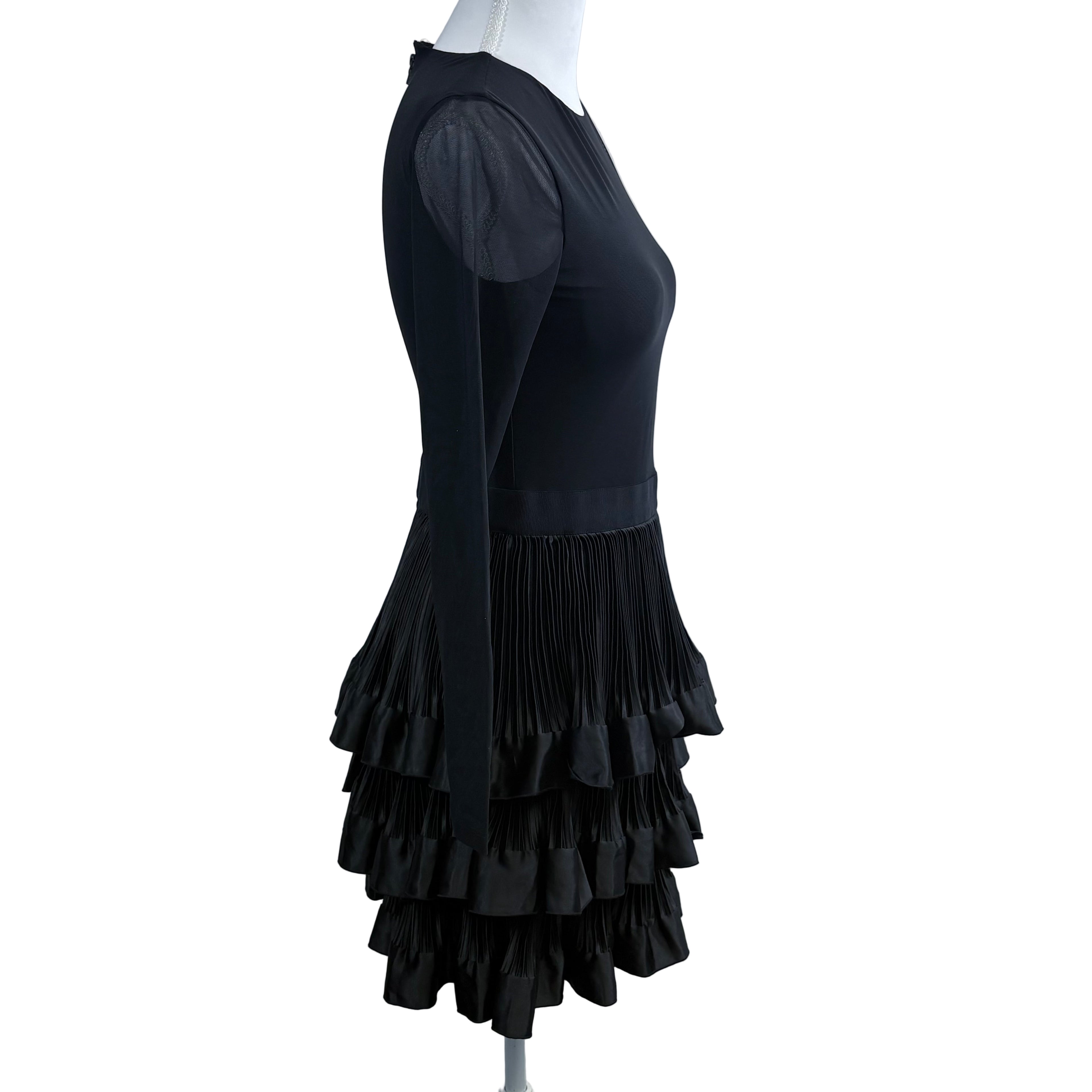 Alice + Olivia sheer mid length pleated ruffle dress with long sleeves, size 4