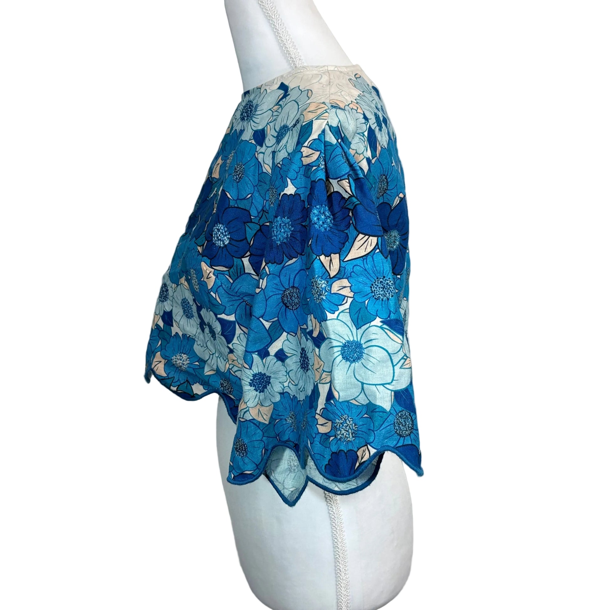 Blue floral skirt on a mannequin against a gray background