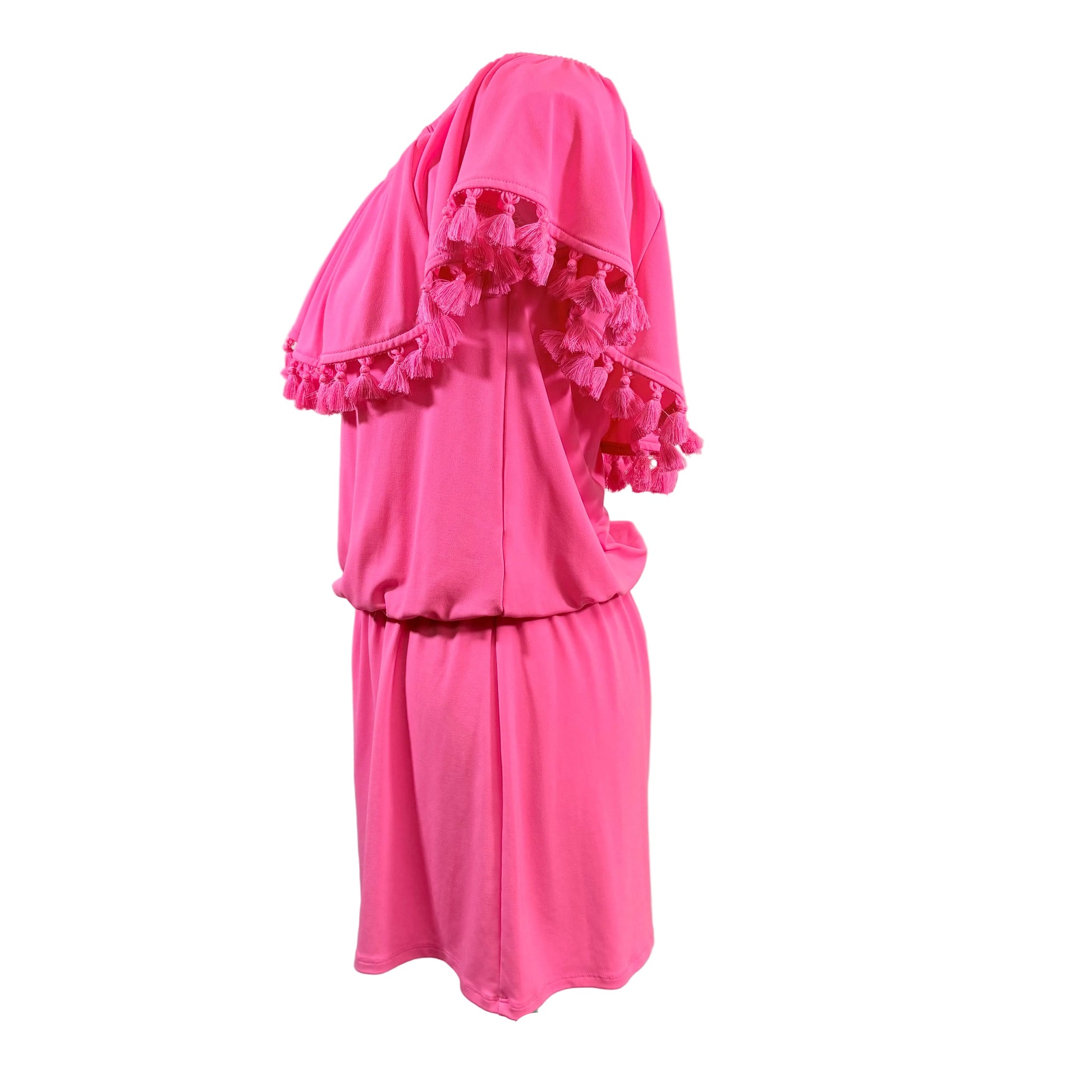 Pink dress with ruffled sleeves on a white background