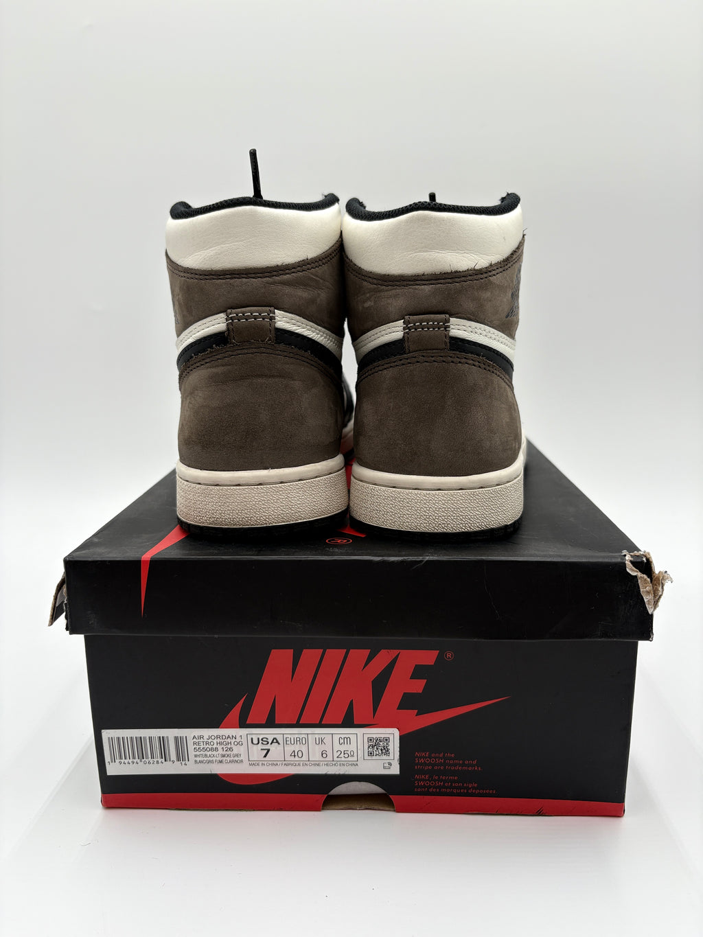 Nike Air Jordan 1 Retro High OG Dark Mocha on original black Nike box against a white background
