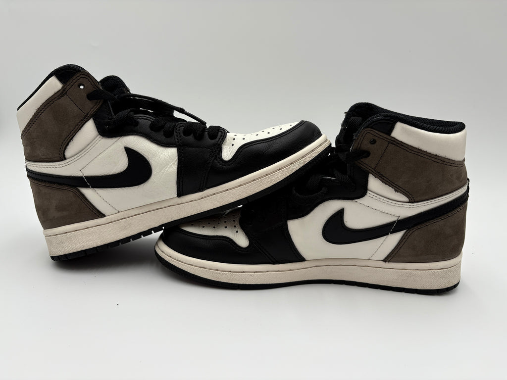 Pair of Nike Air Jordan 1 Retro High OG Dark Mocha - Medial and Lateral view shoes on a light gray background