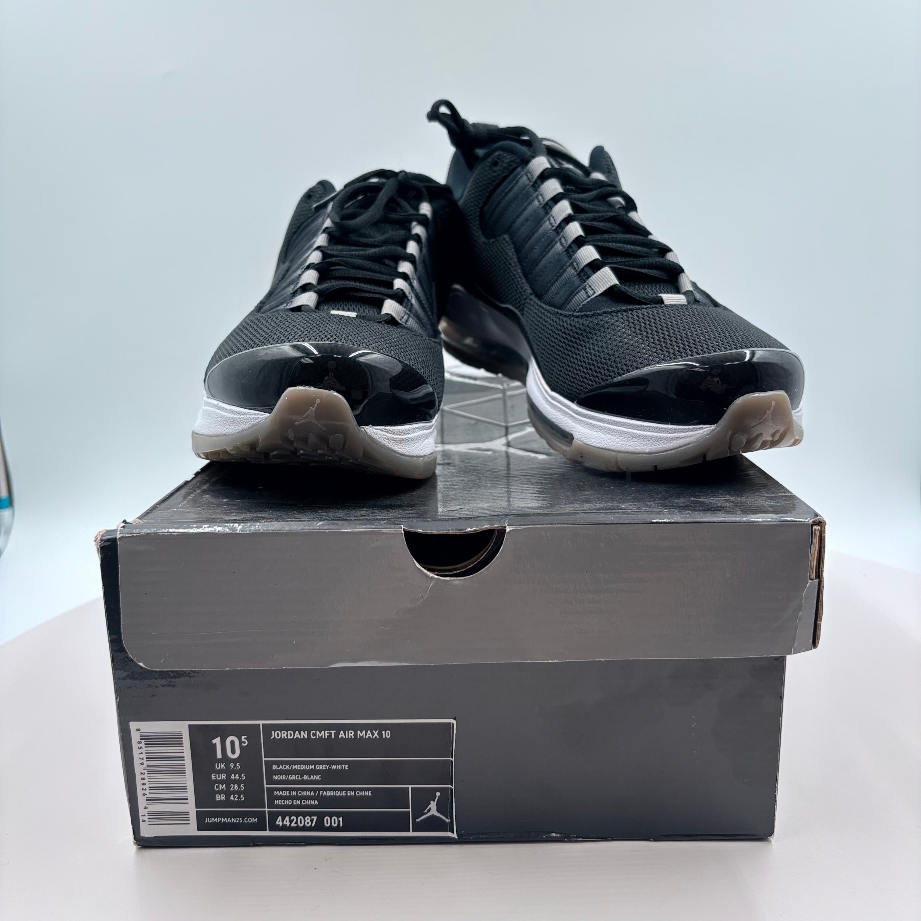 Black athletic shoes on top of a Jordan box with a white background