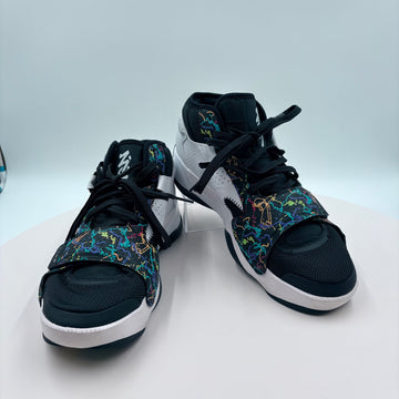 Pair of black and white sneakers with floral patterns on a white background