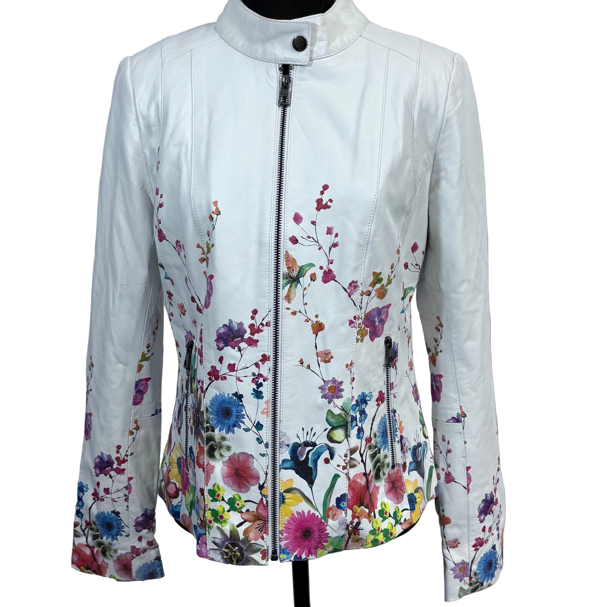 White leather jacket with colorful floral patterns on a white background