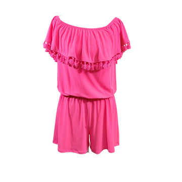 Pink romper with ruffled top on a white background