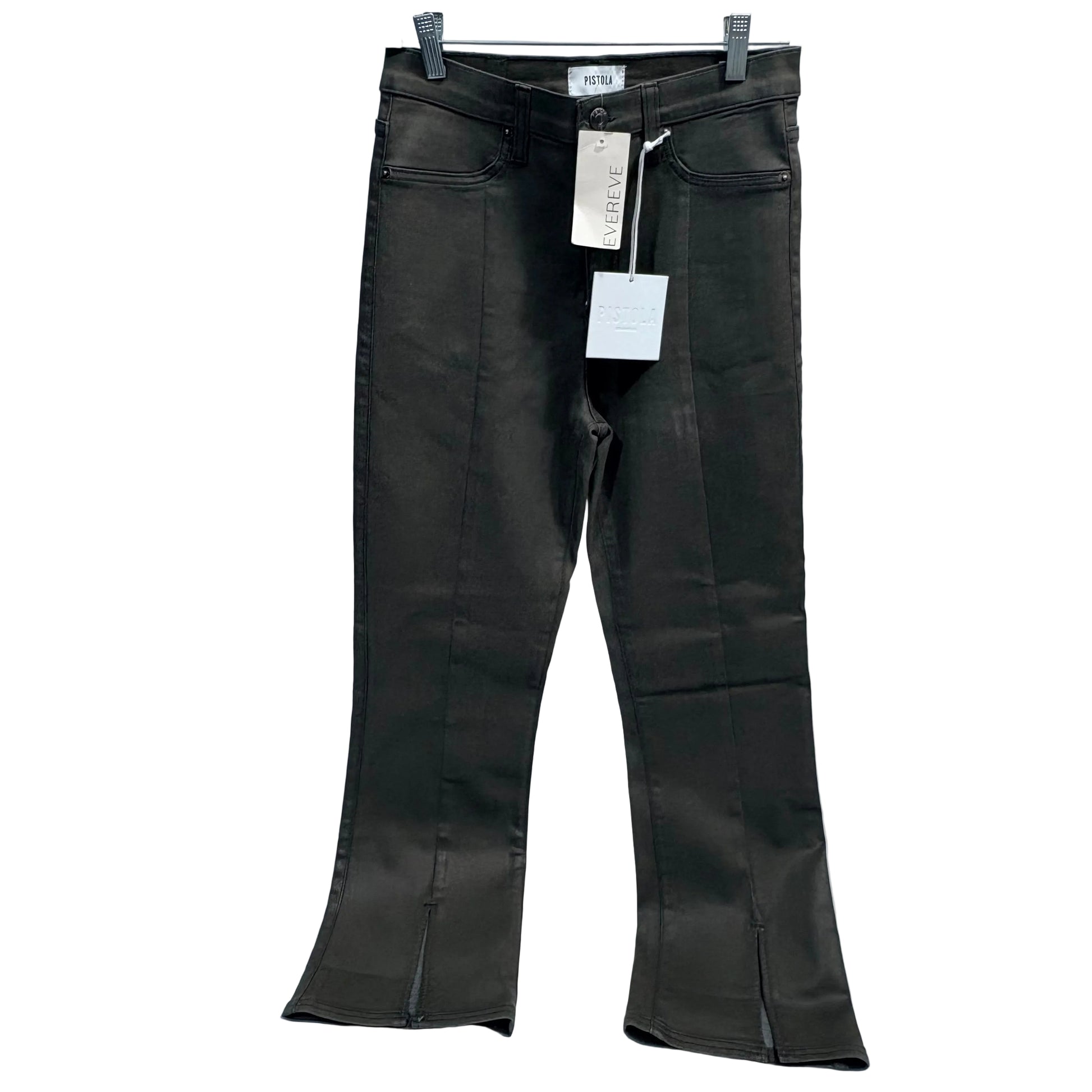 Black jeans with tags on a white background