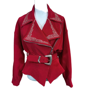 Red jacket with studded details on a mannequin against a plain background