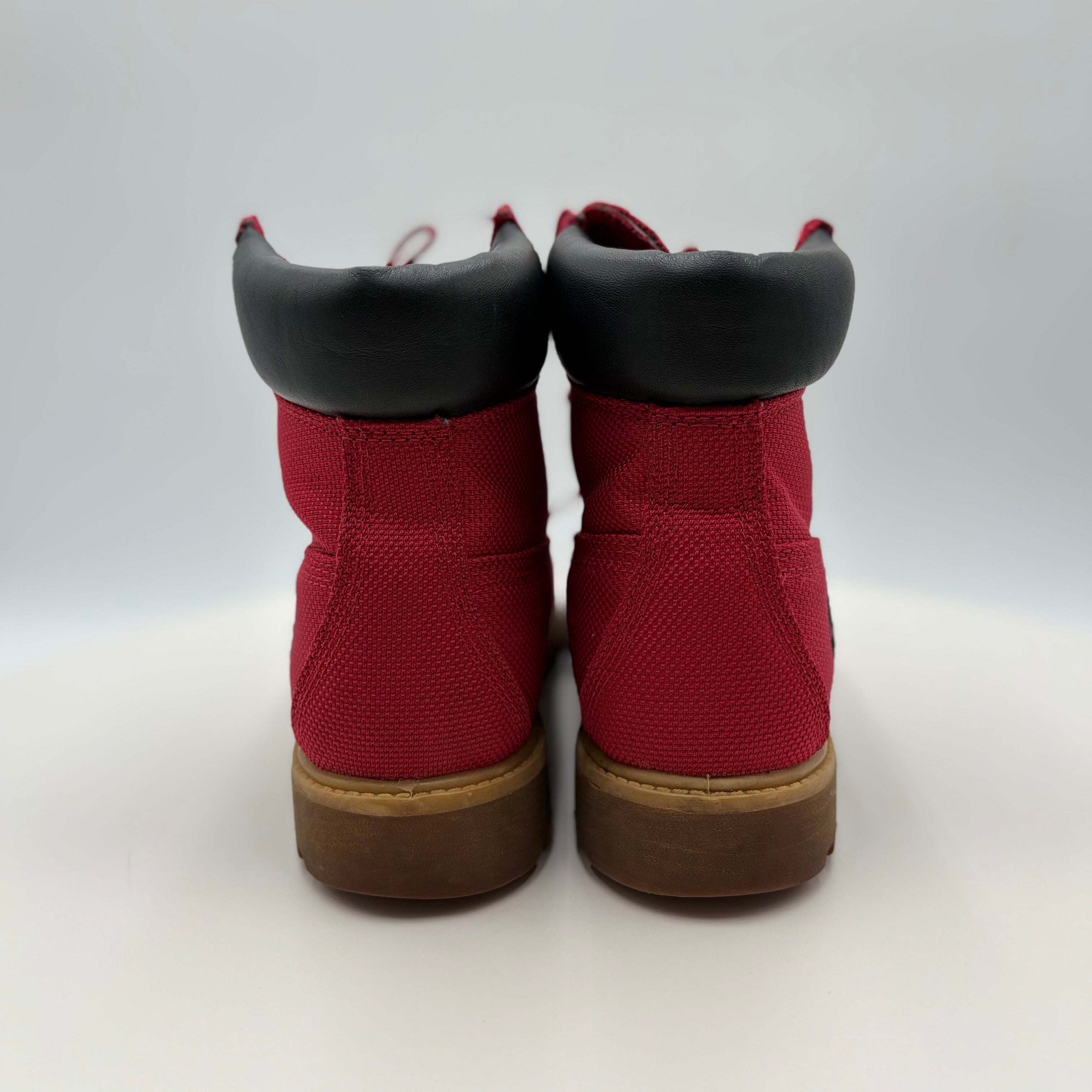 Red boots with black soles on a white background