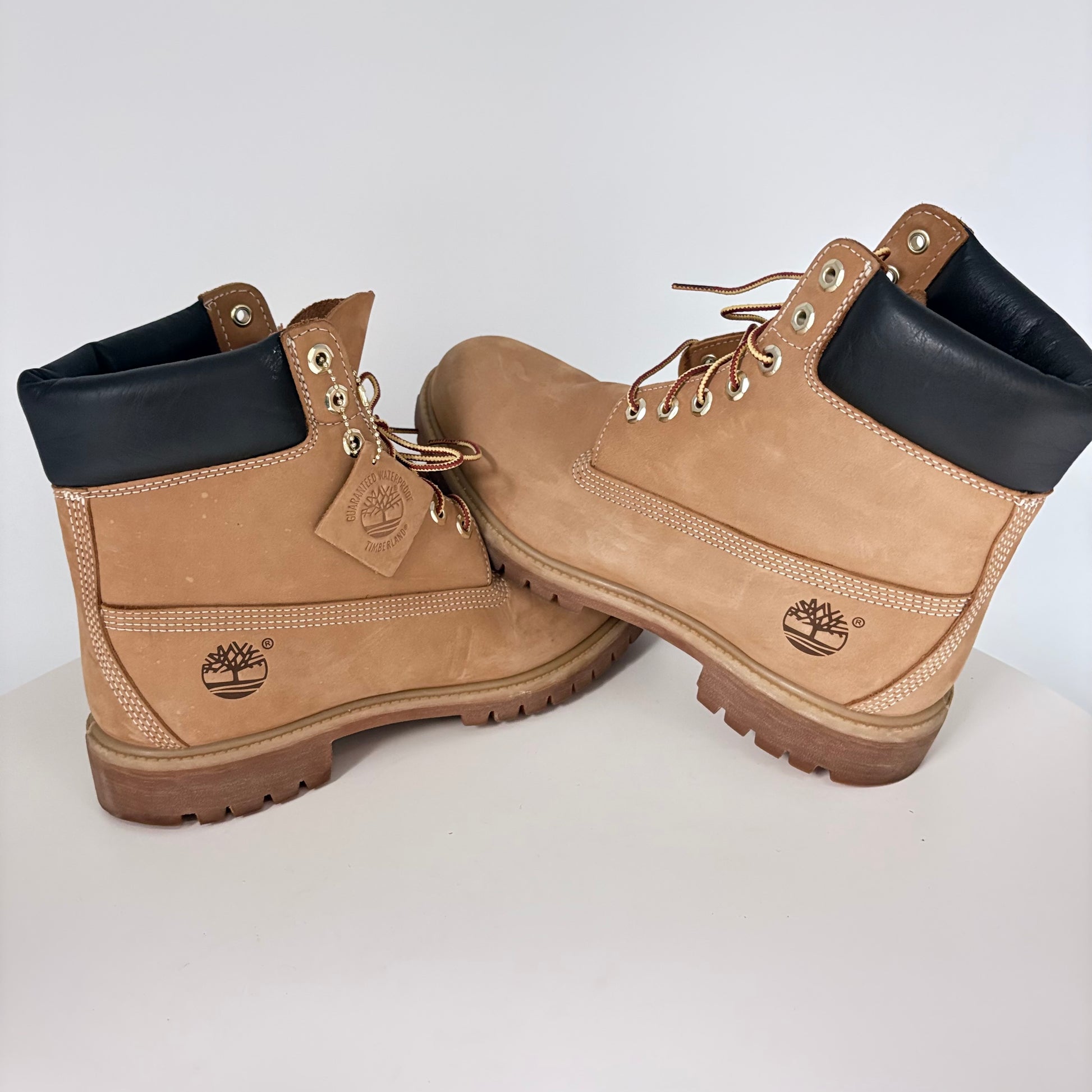 Pair of tan Timberland boots with black collars on a white background