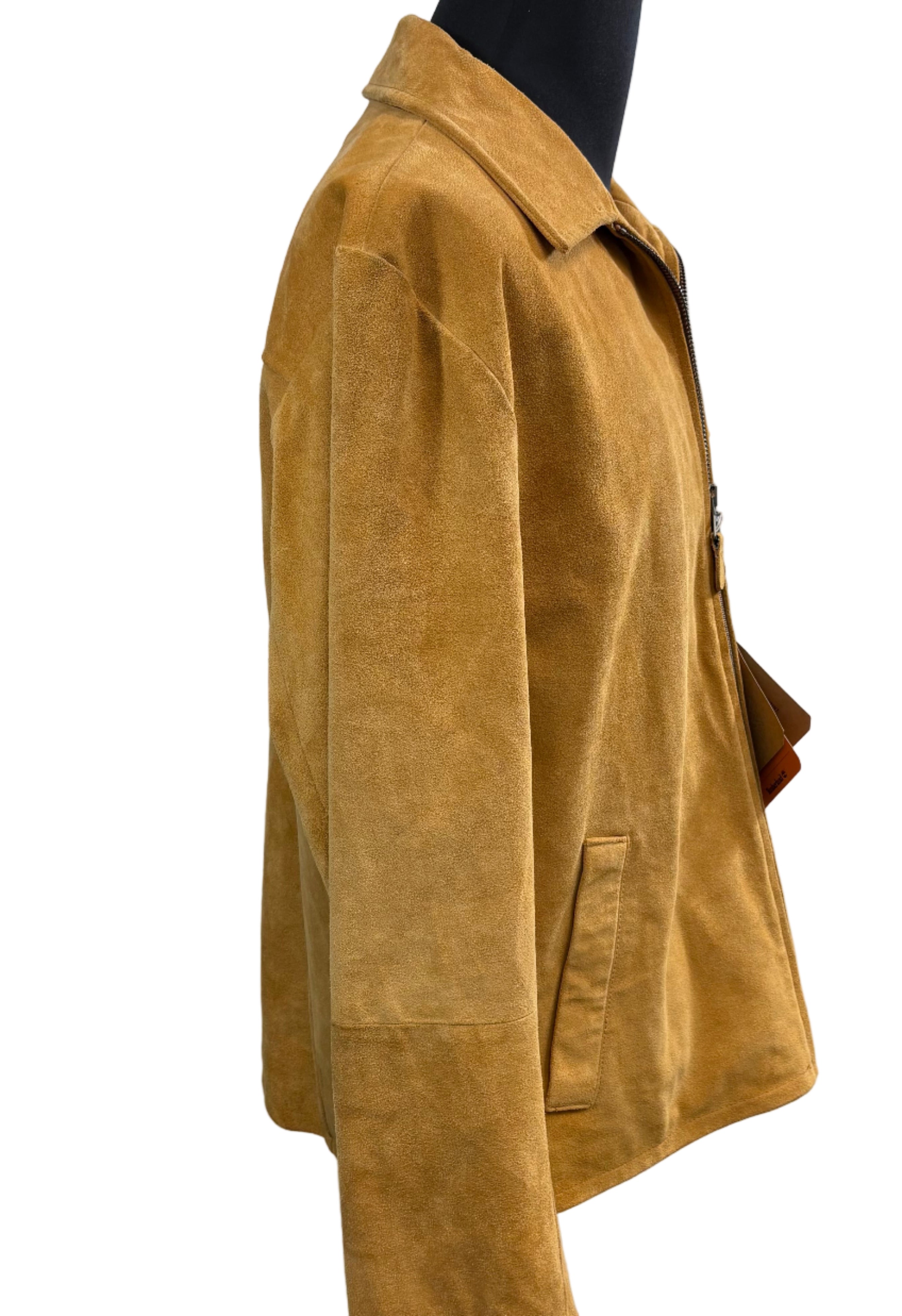 Brown suede jacket on a mannequin against a white backdrop