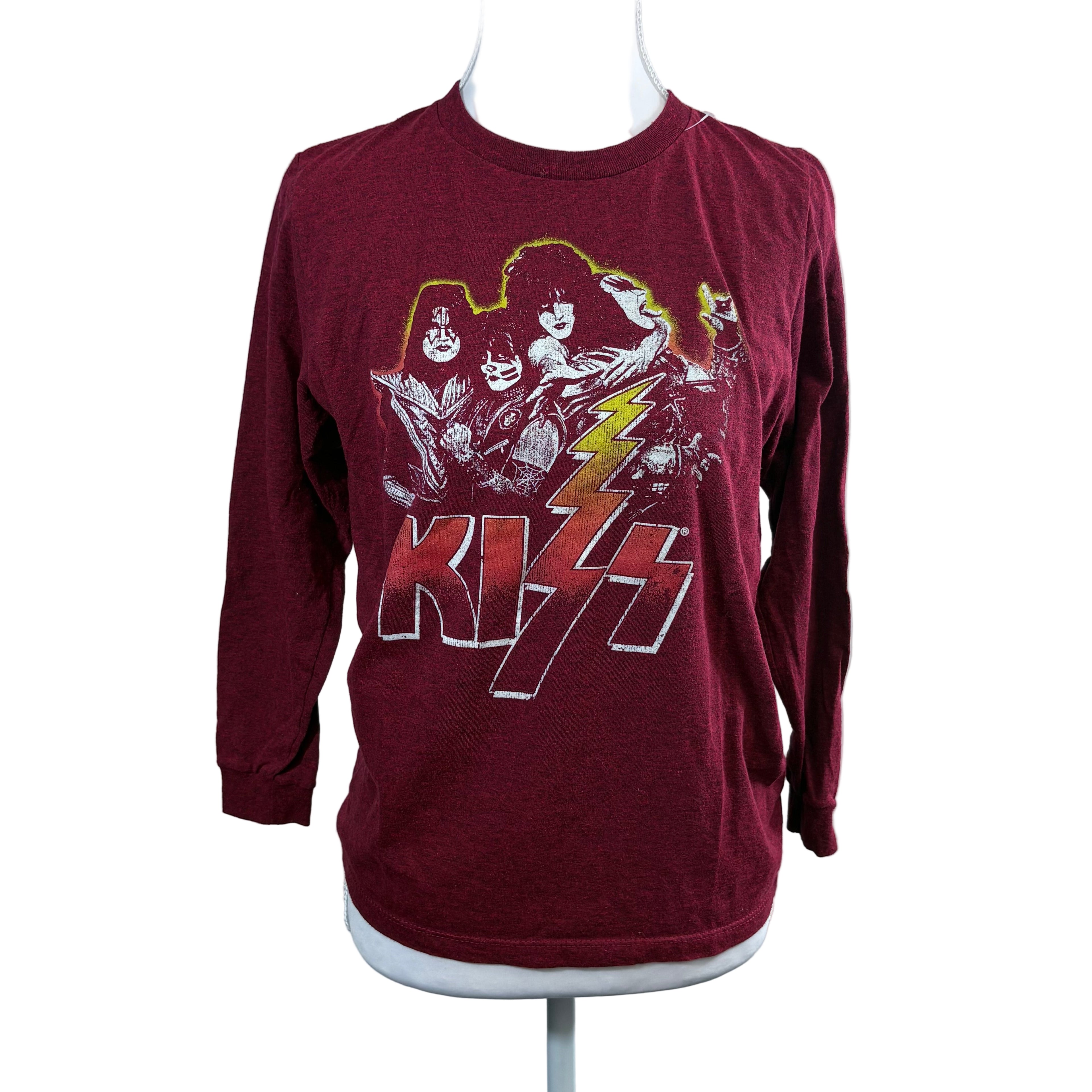 Maroon long-sleeve shirt with Kiss graphic design on a mannequin against a white background