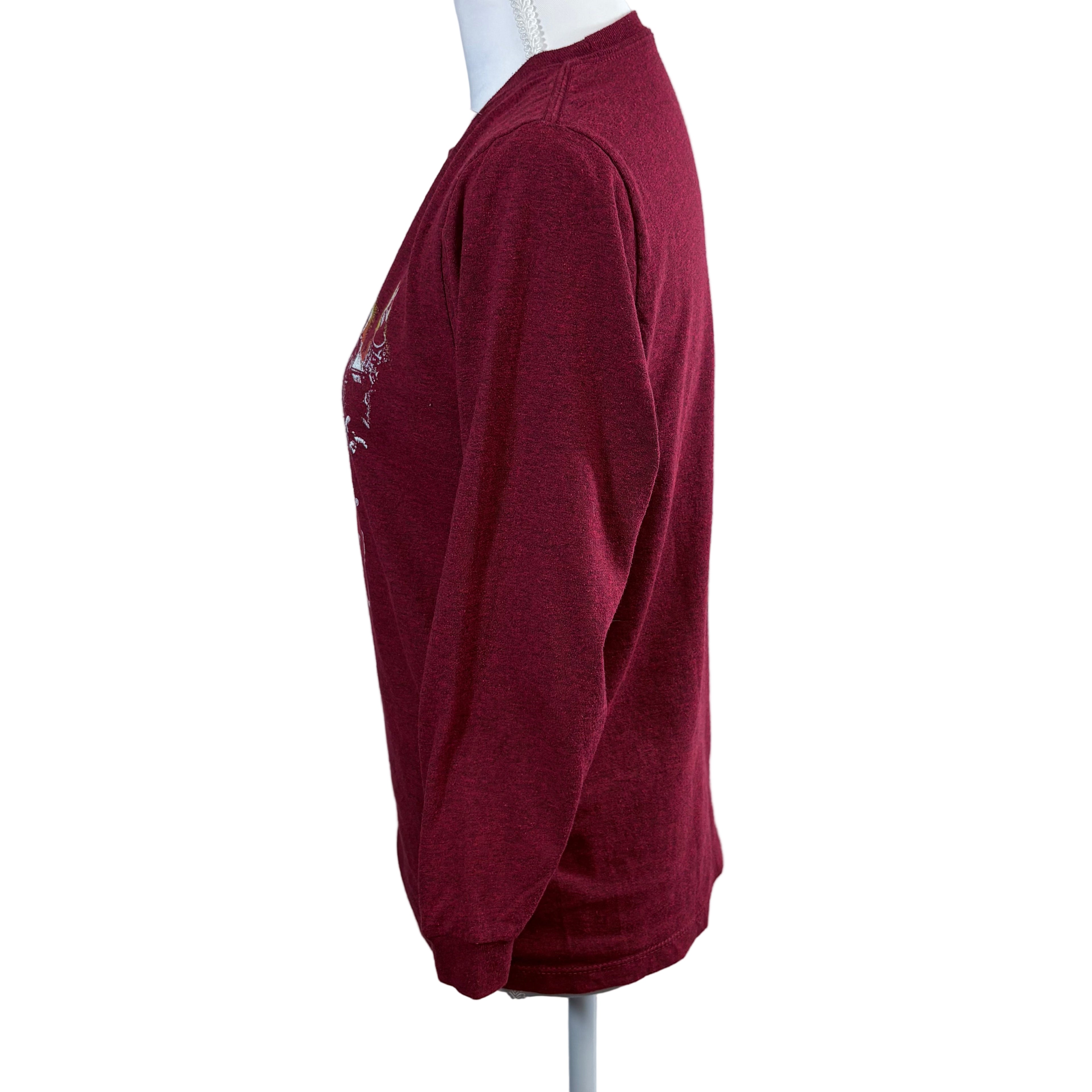 Maroon sweatshirt on a mannequin against a white background
